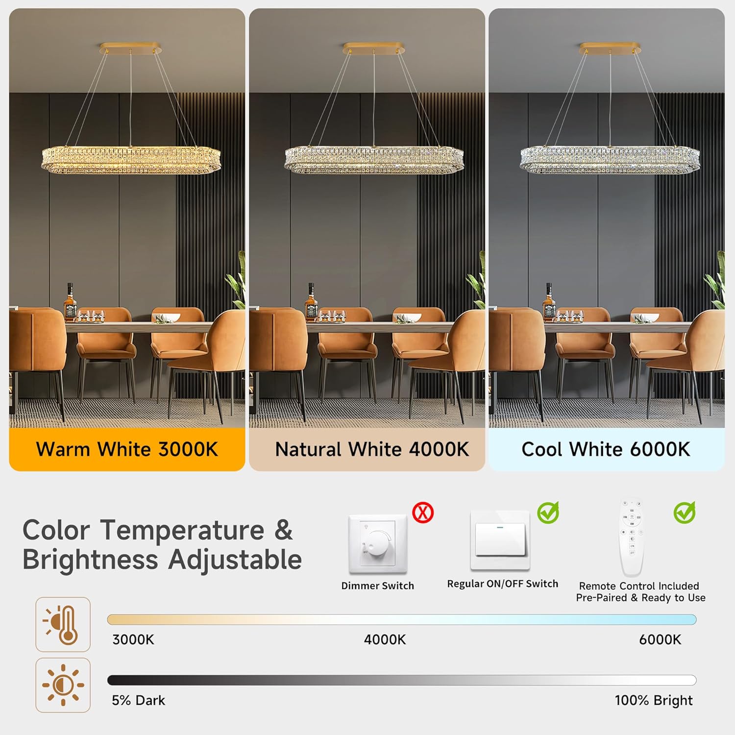 Luxury Gold Crystal Rectangle LED Chandelier with Adjustable Height and Remote Dimming