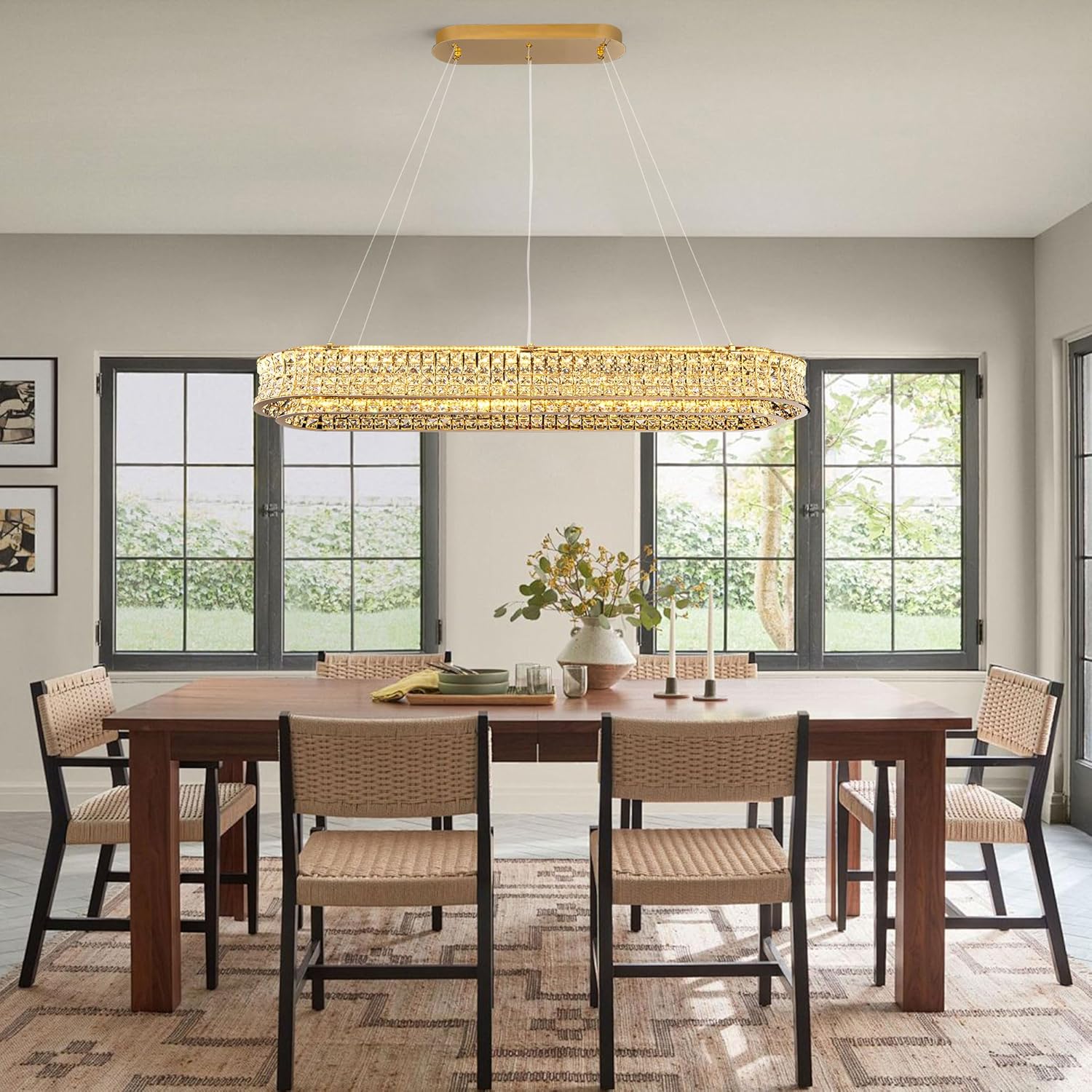 Luxury Gold Crystal Rectangle LED Chandelier with Adjustable Height and Remote Dimming