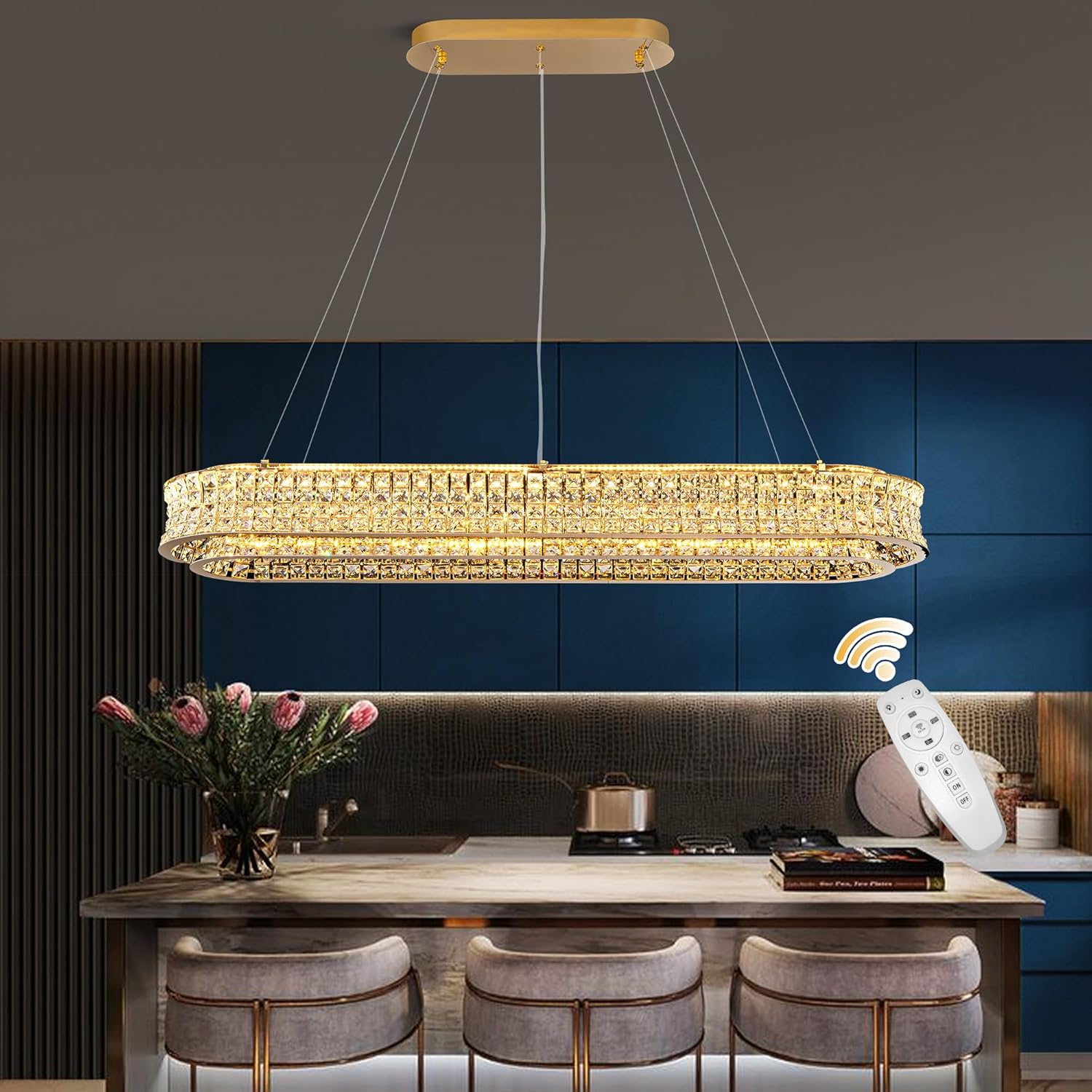 Luxury Gold Crystal Rectangle LED Chandelier with Adjustable Height and Remote Dimming