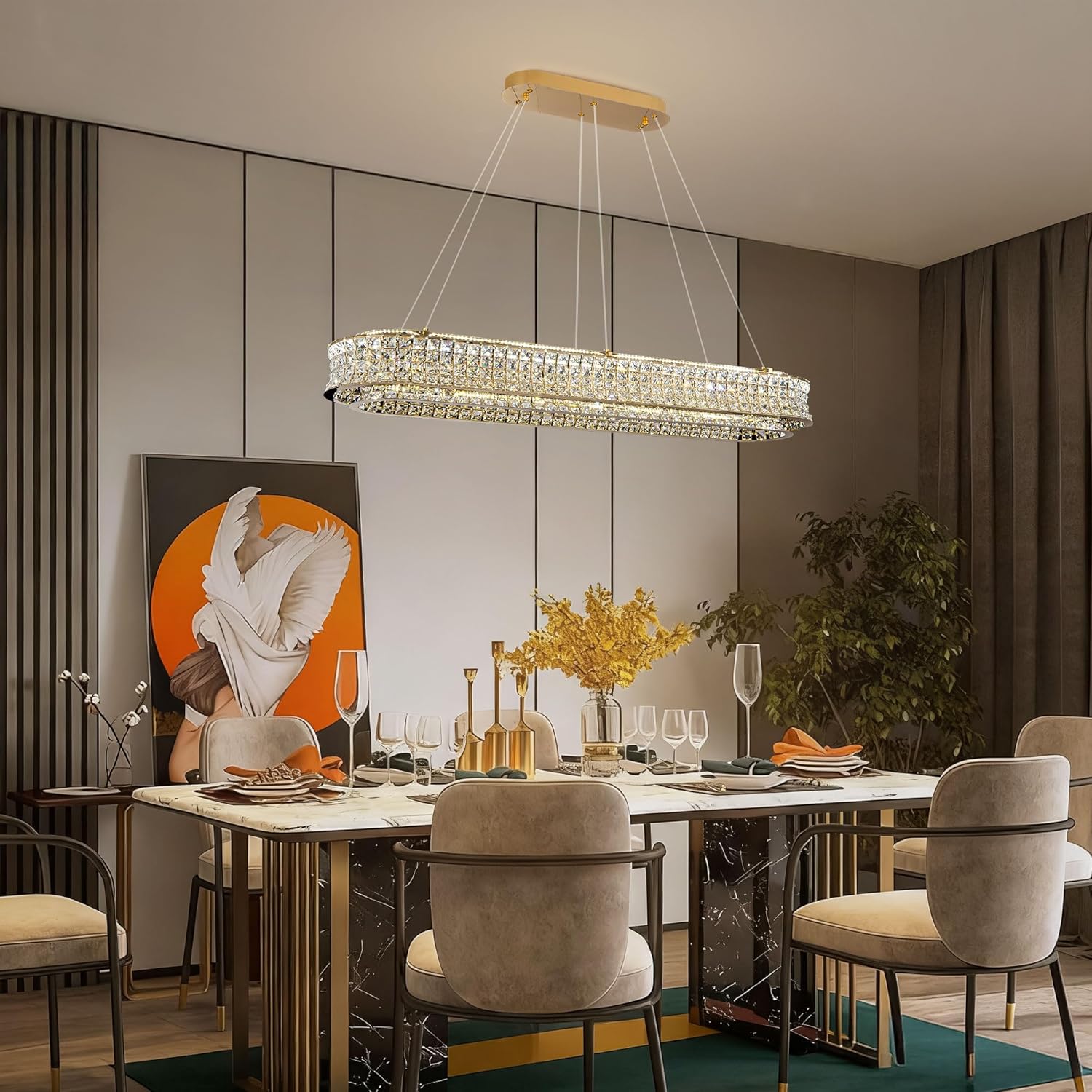 Luxury Gold Crystal Rectangle LED Chandelier with Adjustable Height and Remote Dimming