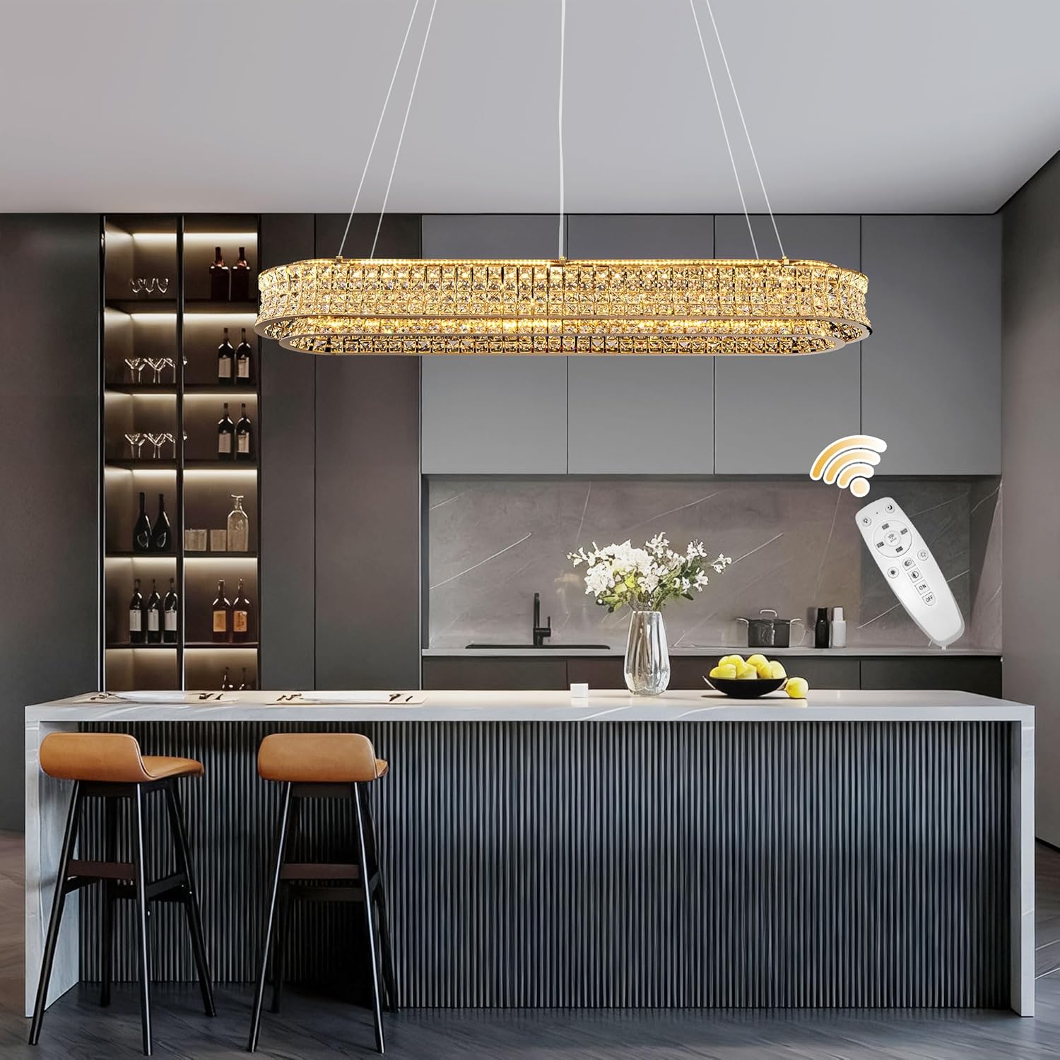 Luxury Gold Crystal Rectangle LED Chandelier with Adjustable Height and Remote Dimming