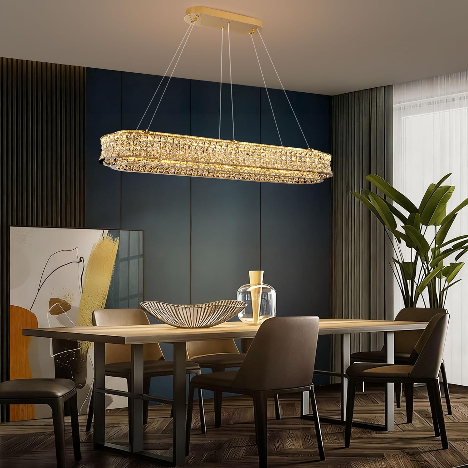 Luxury Gold Crystal Rectangle LED Chandelier with Adjustable Height and Remote Dimming