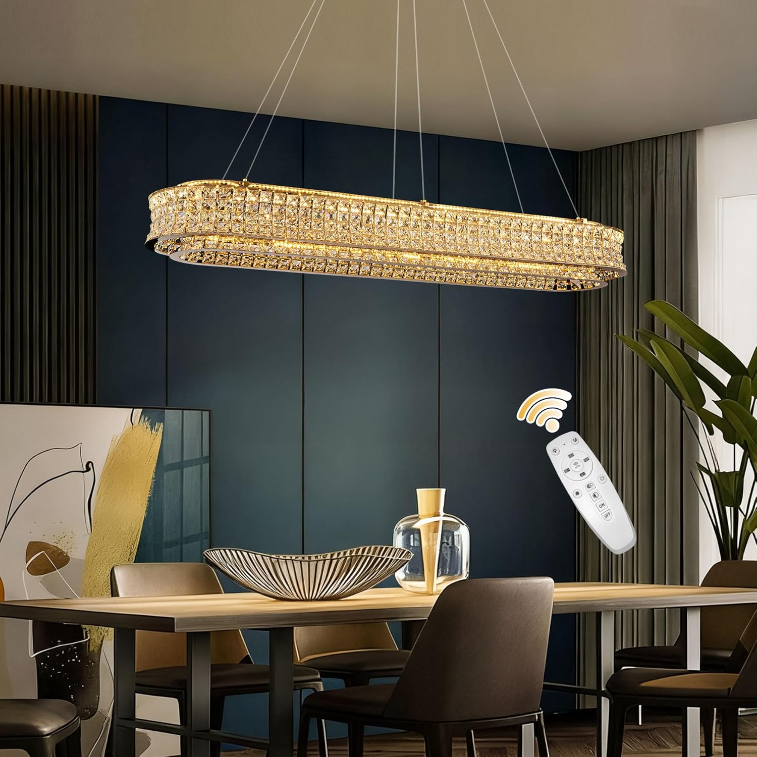 Luxury Gold Crystal Rectangle LED Chandelier with Adjustable Height and Remote Dimming
