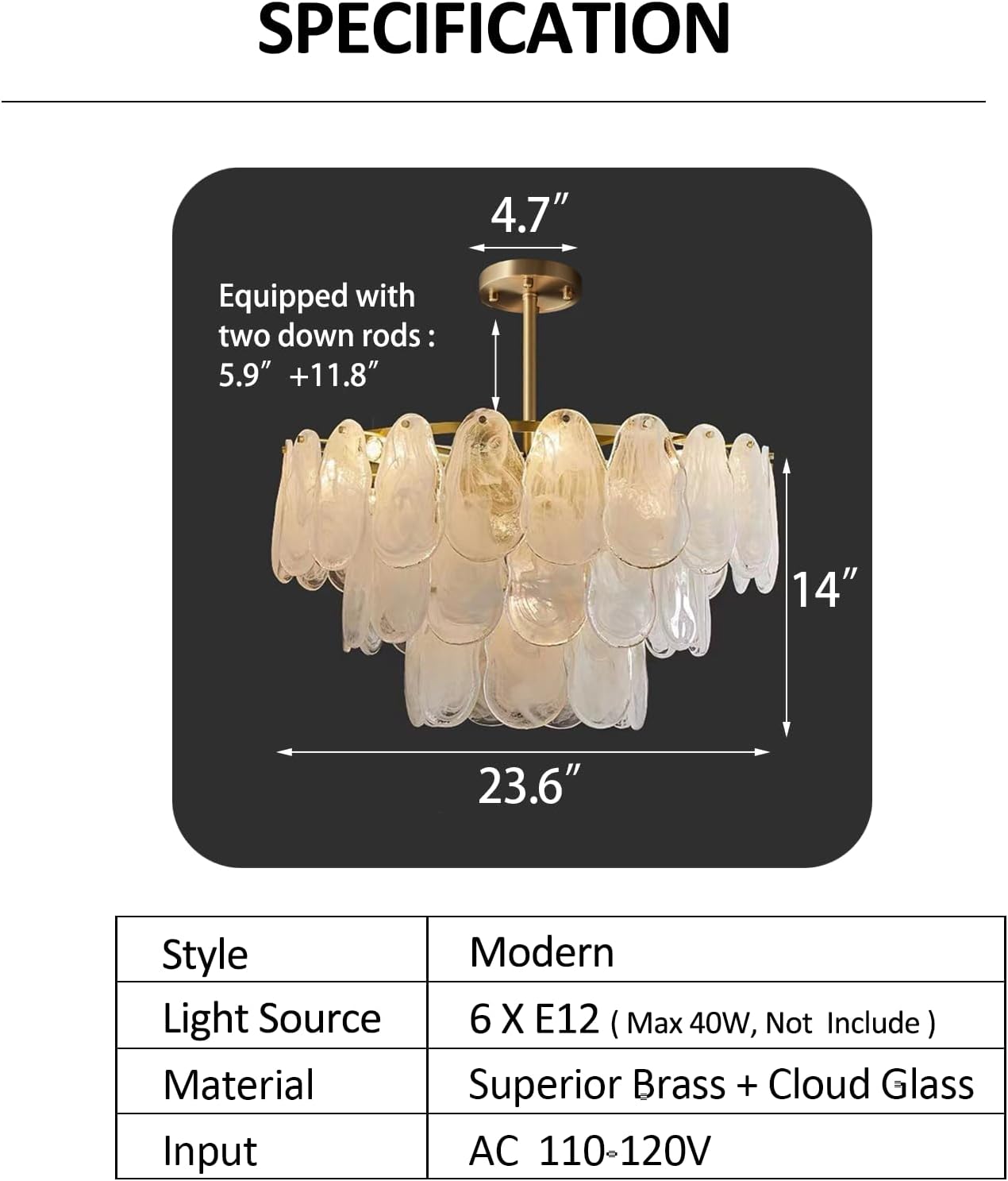 Luxury Brass Cloud Glass Chandelier Pendant Light - 6-Light Modern Fixture