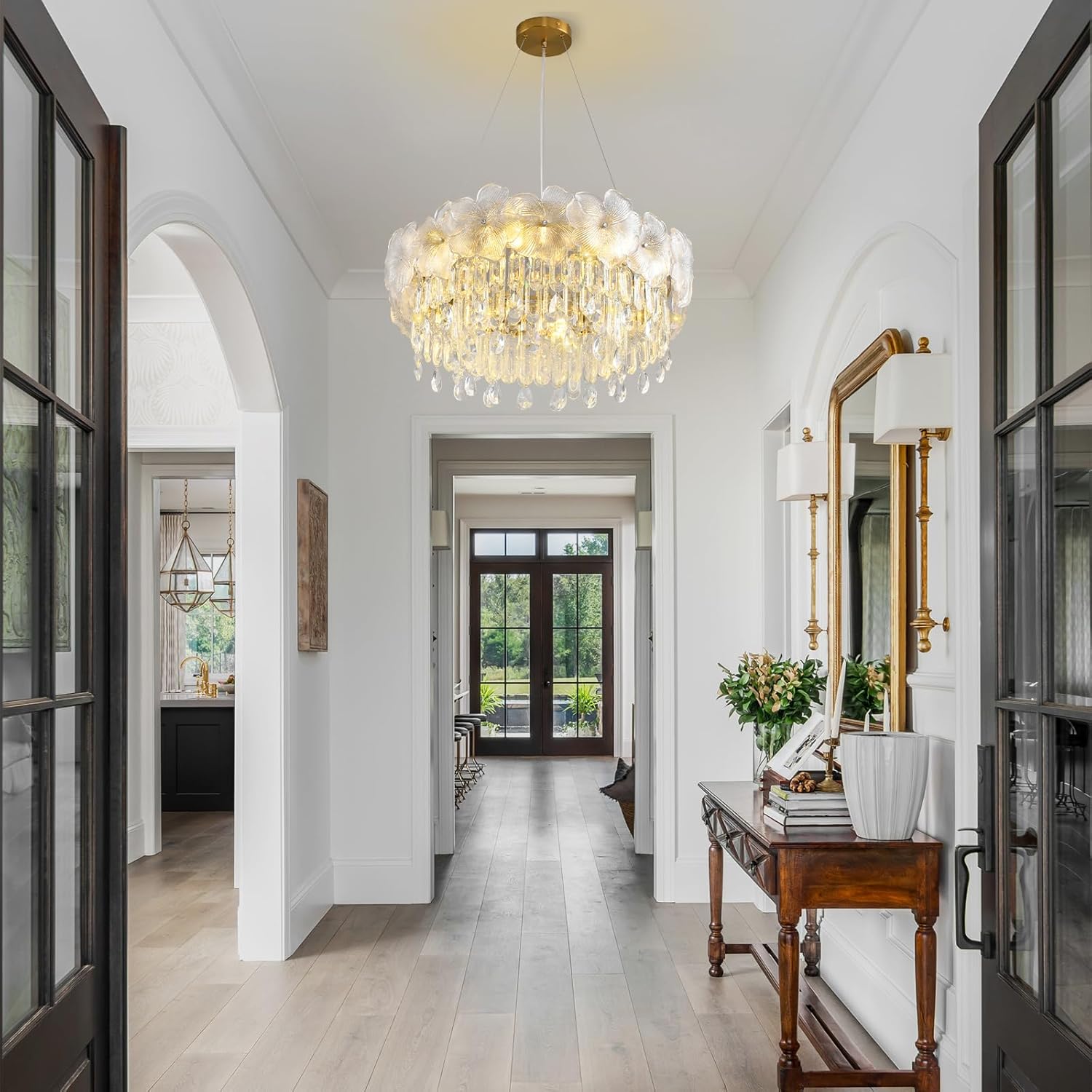 Luxury Floral Crystal Chandelier – Adjustable Brushed Gold Pendant Light with K9 Crystals and Glass Flowers, E12 Bulbs