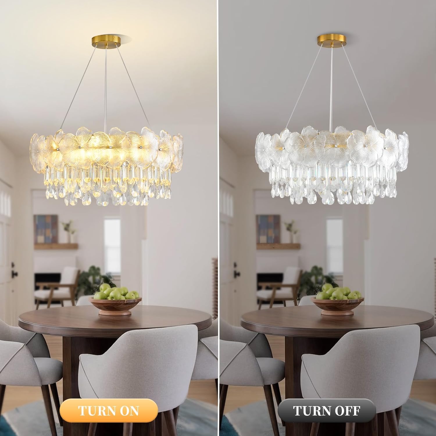 Luxury Floral Crystal Chandelier – Adjustable Brushed Gold Pendant Light with K9 Crystals and Glass Flowers, E12 Bulbs