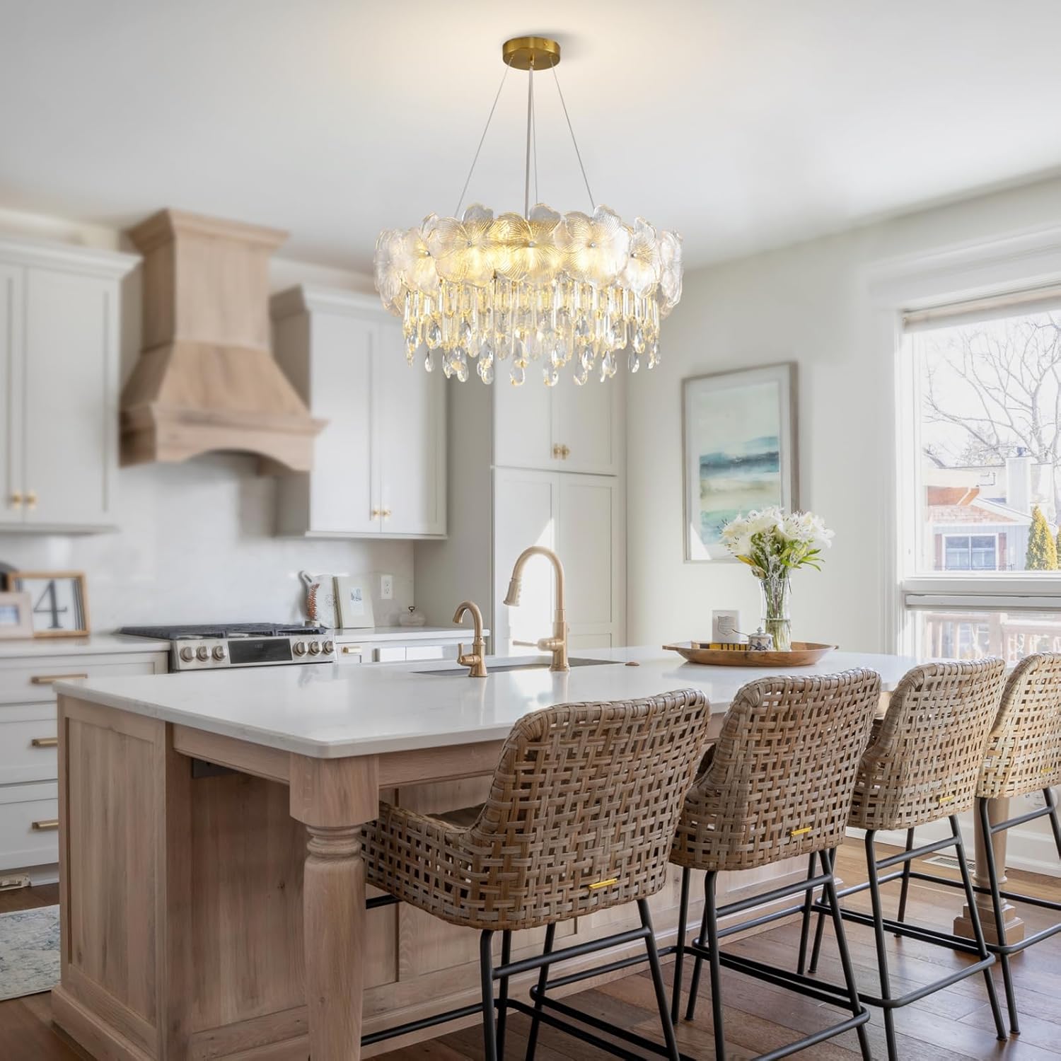 Luxury Floral Crystal Chandelier – Adjustable Brushed Gold Pendant Light with K9 Crystals and Glass Flowers, E12 Bulbs