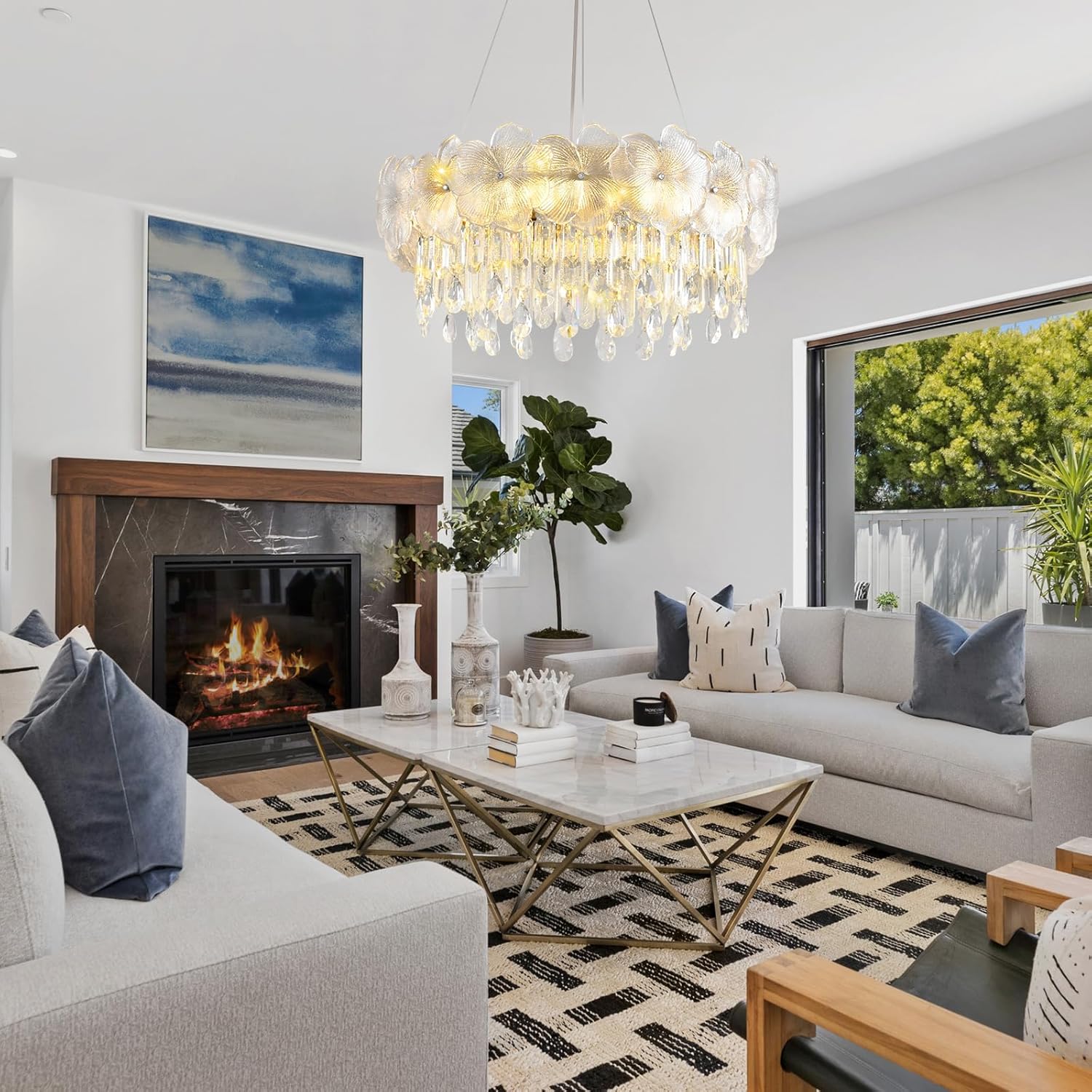 Luxury Floral Crystal Chandelier – Adjustable Brushed Gold Pendant Light with K9 Crystals and Glass Flowers, E12 Bulbs