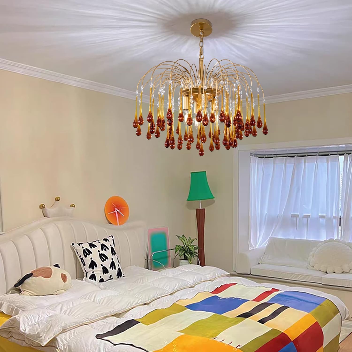 Art Deco Teardrop Glass Chandelier – Luxury Gold Pendant Light with Adjustable Height for Dining Room or Living Room