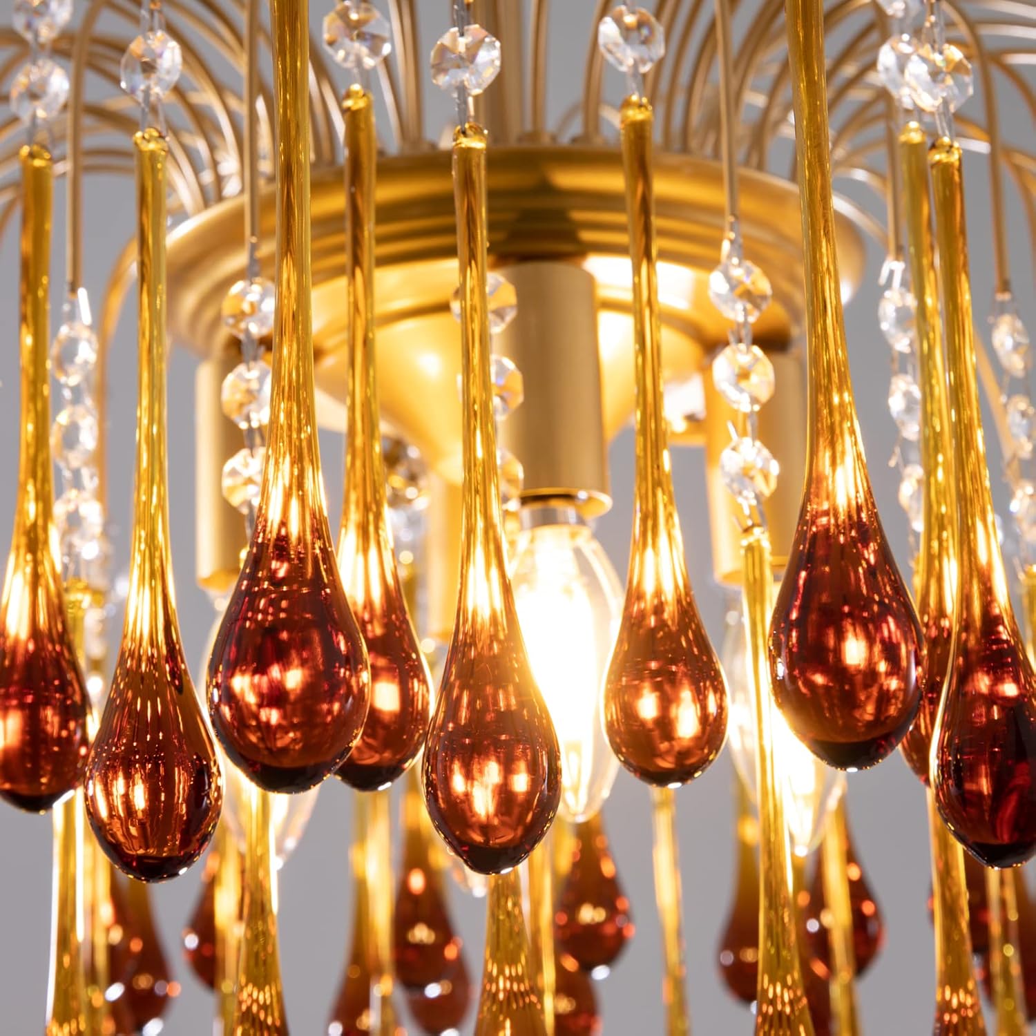 Art Deco Teardrop Glass Chandelier – Luxury Gold Pendant Light with Adjustable Height for Dining Room or Living Room