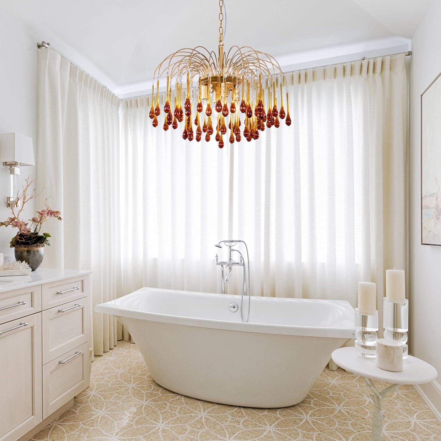 Art Deco Teardrop Glass Chandelier – Luxury Gold Pendant Light with Adjustable Height for Dining Room or Living Room