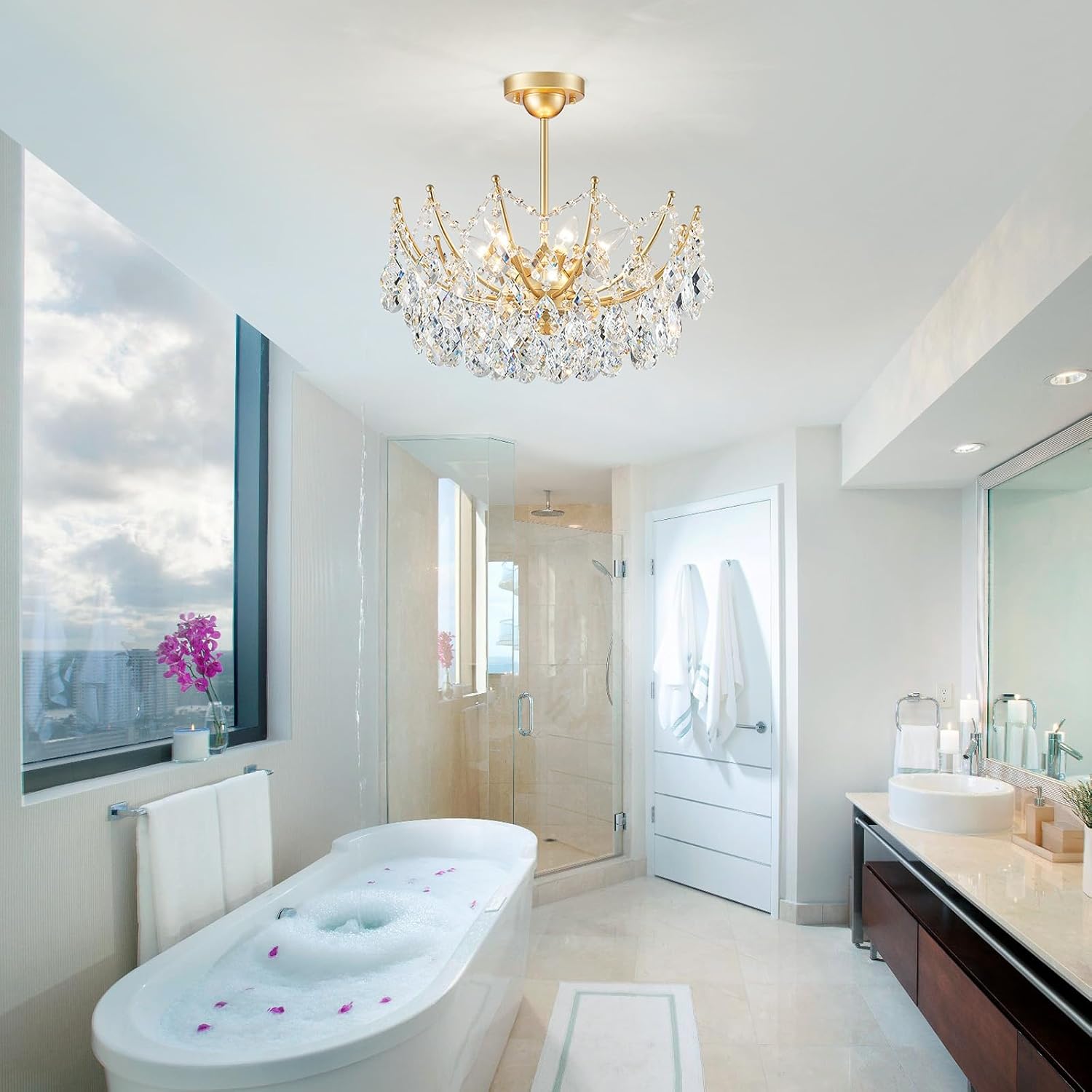 Luxury Semi Flush Mount Crystal Ceiling Light – 19.7” Round Gold Chandelier with E12 Base, 40W Max, Compatible with Warm/Natural/Cool Bulbs