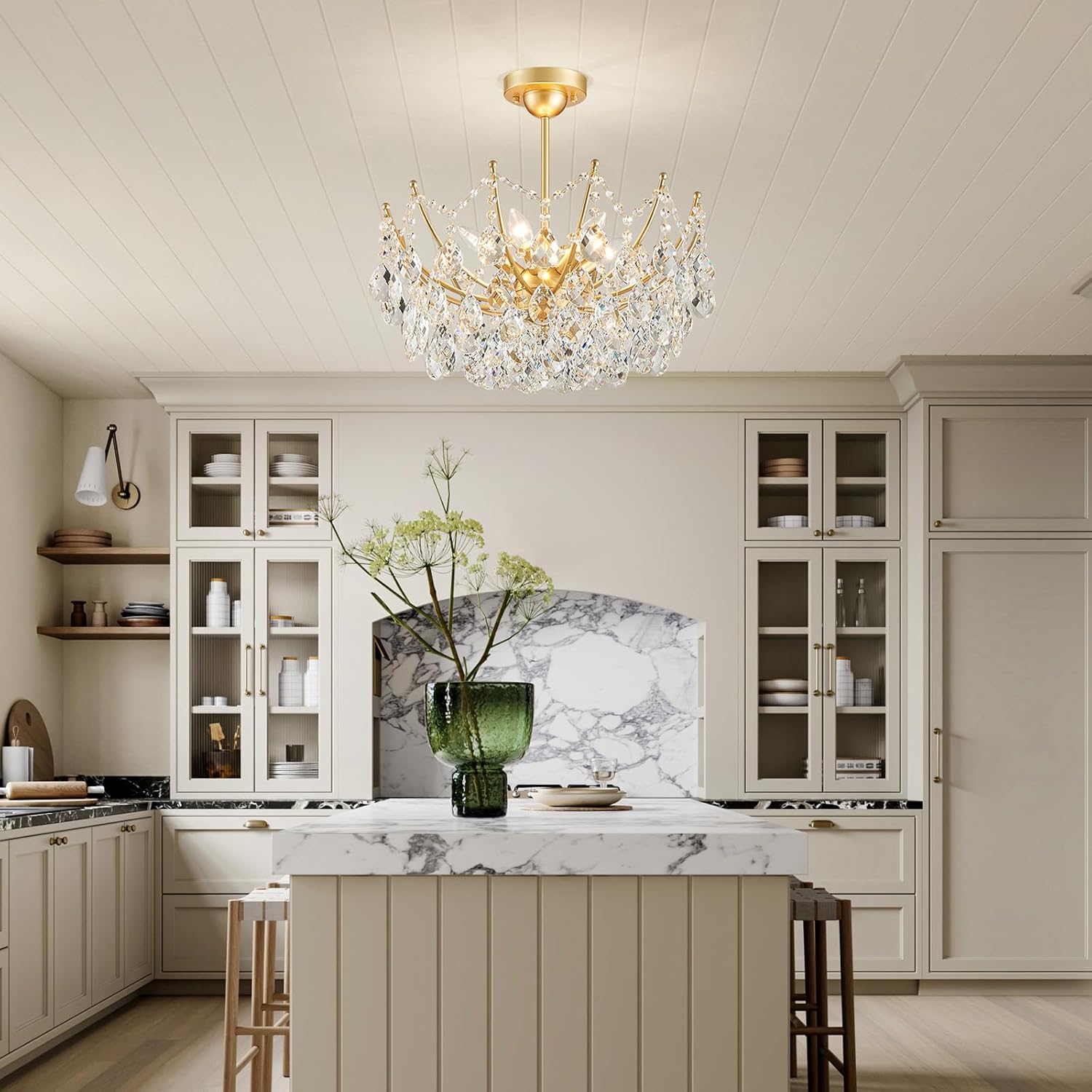 Luxury Semi Flush Mount Crystal Ceiling Light – 19.7” Round Gold Chandelier with E12 Base, 40W Max, Compatible with Warm/Natural/Cool Bulbs