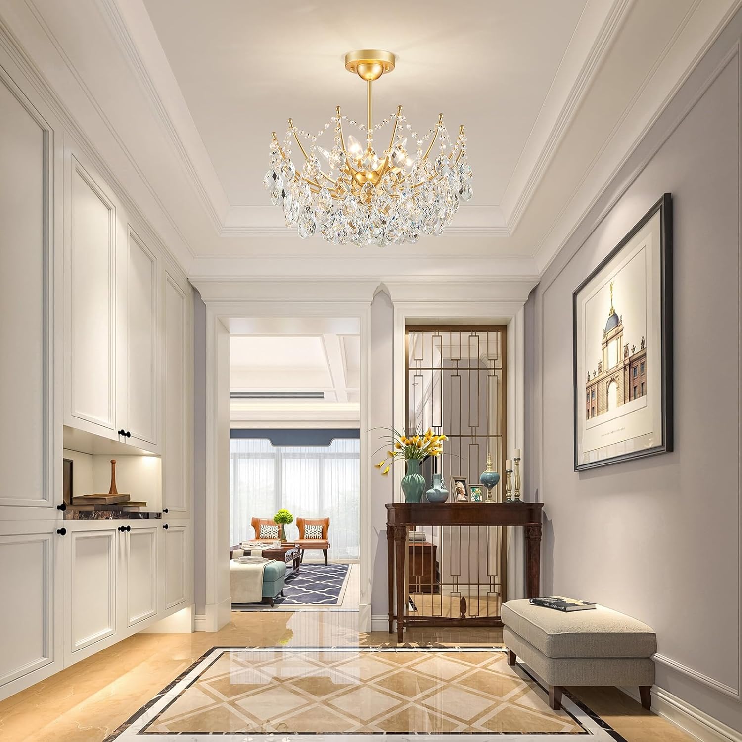 Luxury Semi Flush Mount Crystal Ceiling Light – 19.7” Round Gold Chandelier with E12 Base, 40W Max, Compatible with Warm/Natural/Cool Bulbs