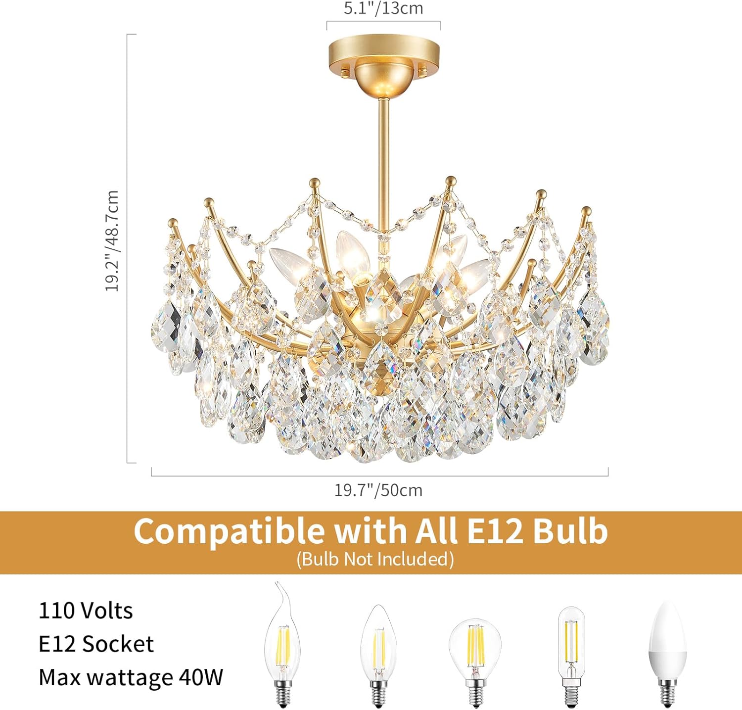 Luxury Semi Flush Mount Crystal Ceiling Light – 19.7” Round Gold Chandelier with E12 Base, 40W Max, Compatible with Warm/Natural/Cool Bulbs