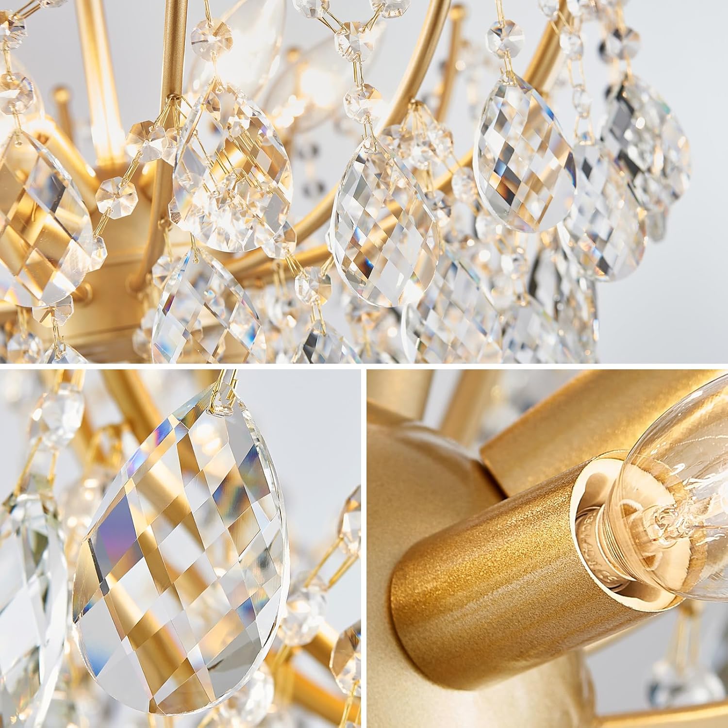 Luxury Semi Flush Mount Crystal Ceiling Light – 19.7” Round Gold Chandelier with E12 Base, 40W Max, Compatible with Warm/Natural/Cool Bulbs