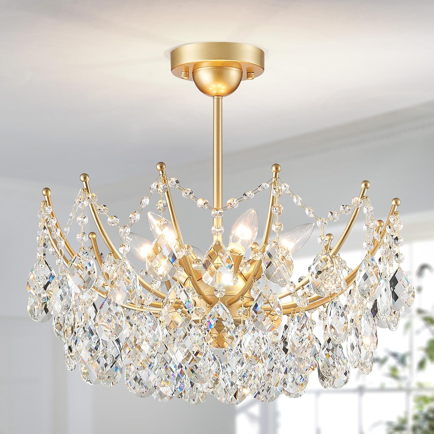 Luxury Semi Flush Mount Crystal Ceiling Light – 19.7” Round Gold Chandelier with E12 Base, 40W Max, Compatible with Warm/Natural/Cool Bulbs