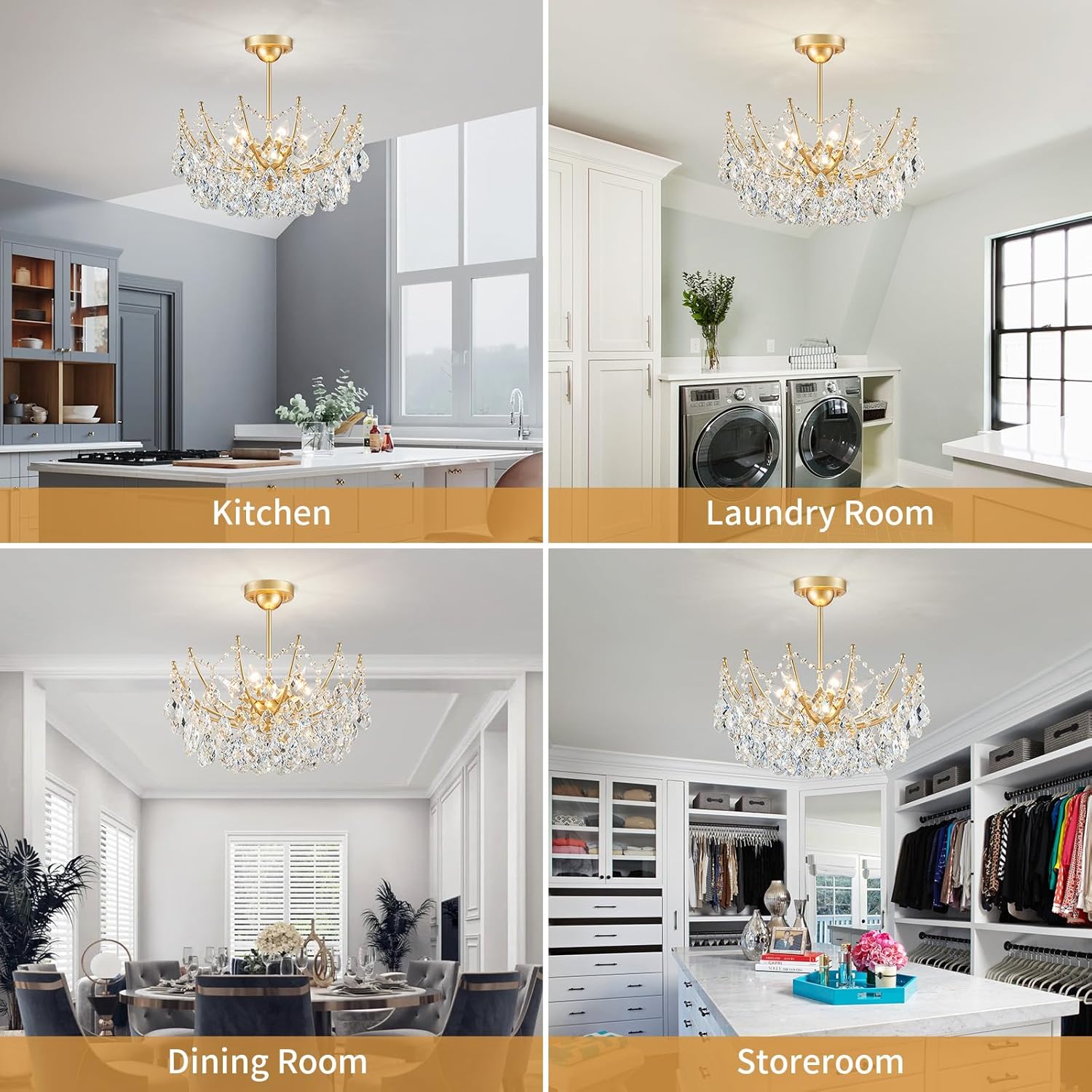 Luxury Semi Flush Mount Crystal Ceiling Light – 19.7” Round Gold Chandelier with E12 Base, 40W Max, Compatible with Warm/Natural/Cool Bulbs