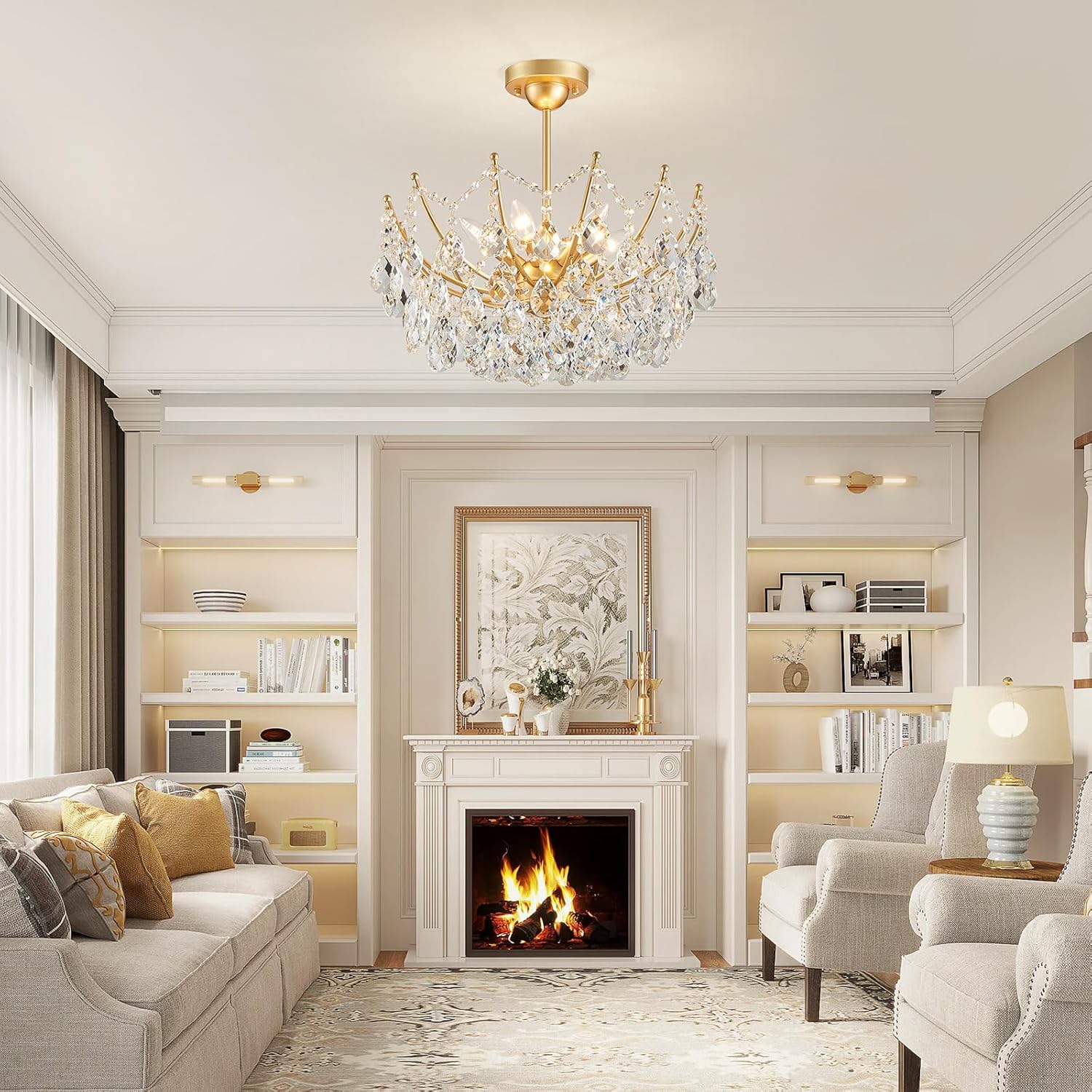 Luxury Semi Flush Mount Crystal Ceiling Light – 19.7” Round Gold Chandelier with E12 Base, 40W Max, Compatible with Warm/Natural/Cool Bulbs