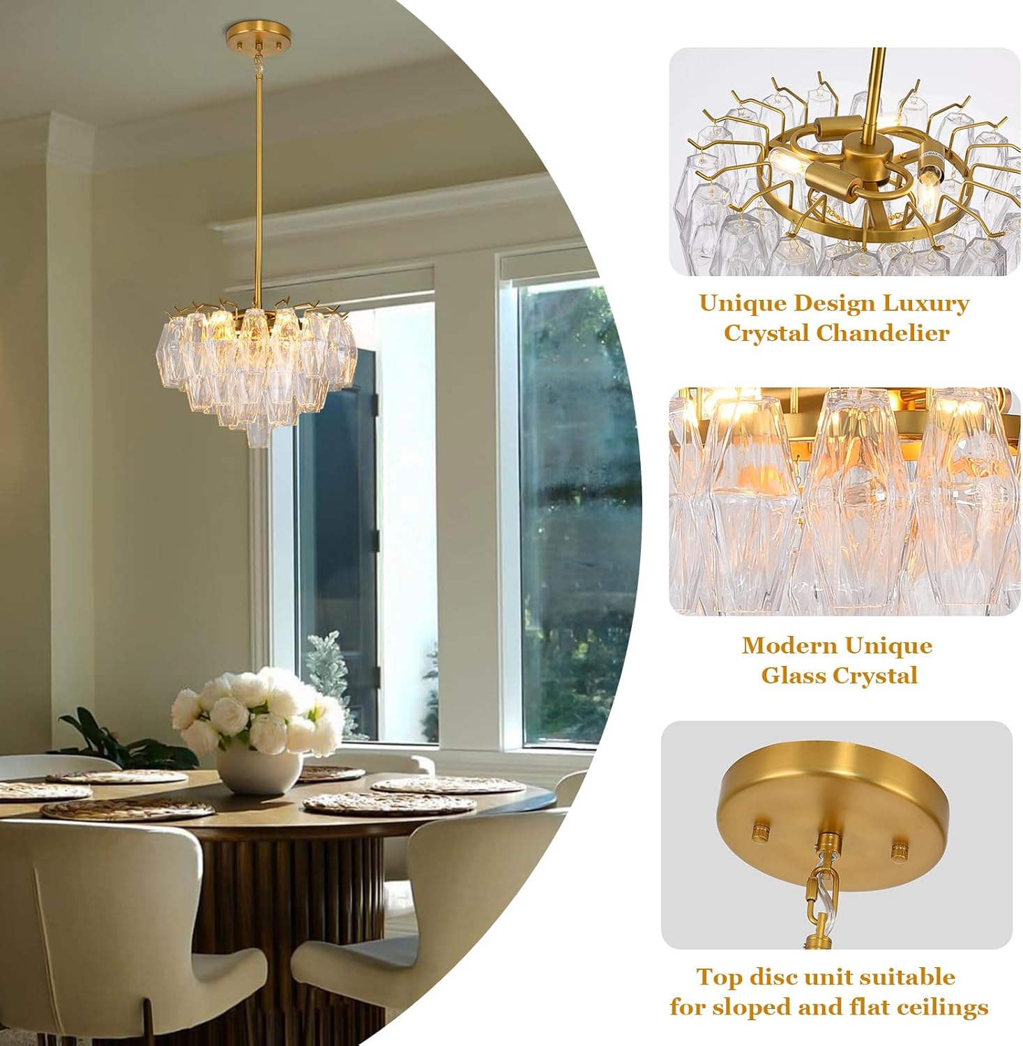 Luxury Modern Adjustable K9 Crystal Chandelier with 8-Light Gold Finish for Dining Room, Foyer, Corridor