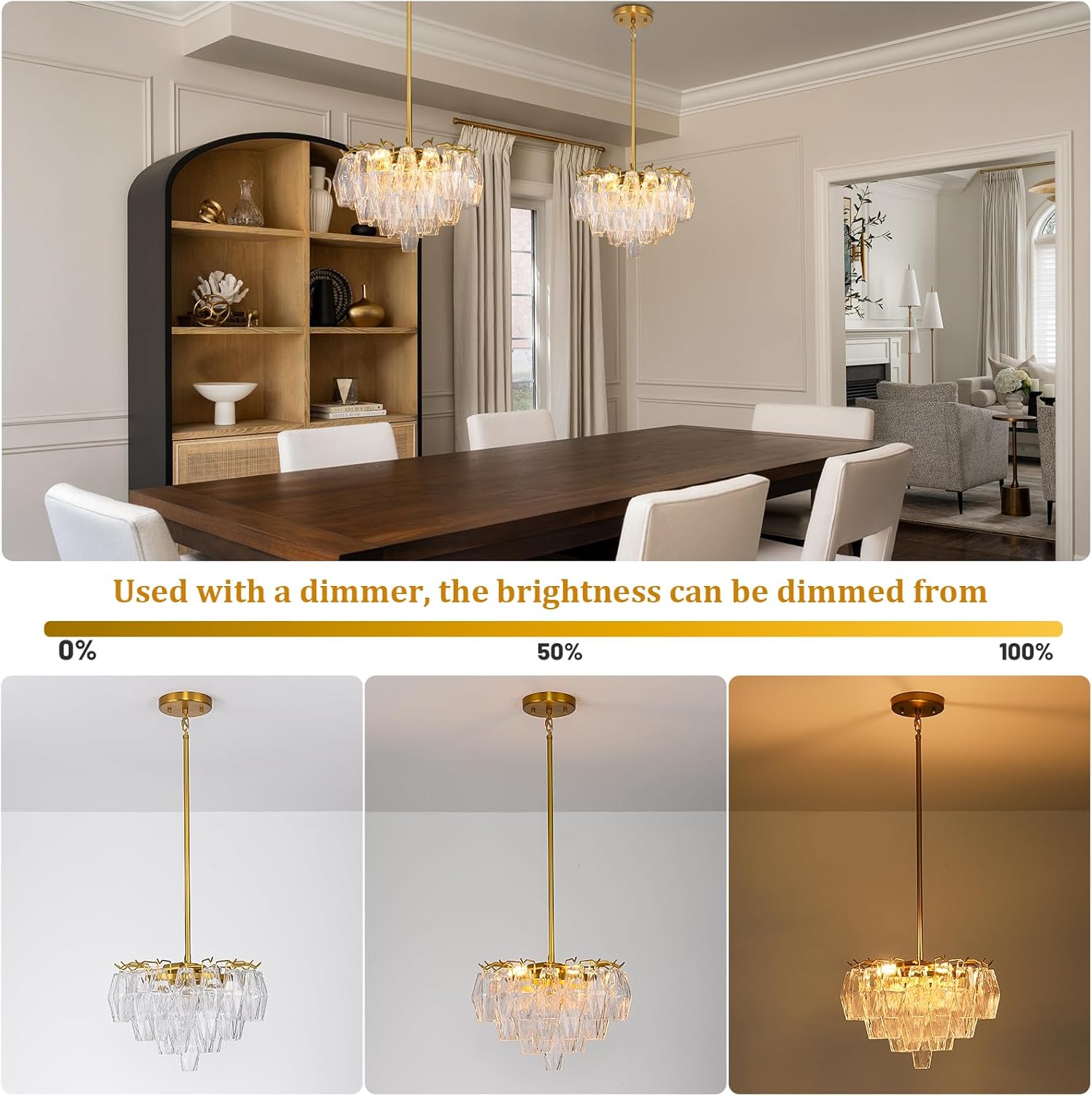 Luxury Modern Adjustable K9 Crystal Chandelier with 8-Light Gold Finish for Dining Room, Foyer, Corridor