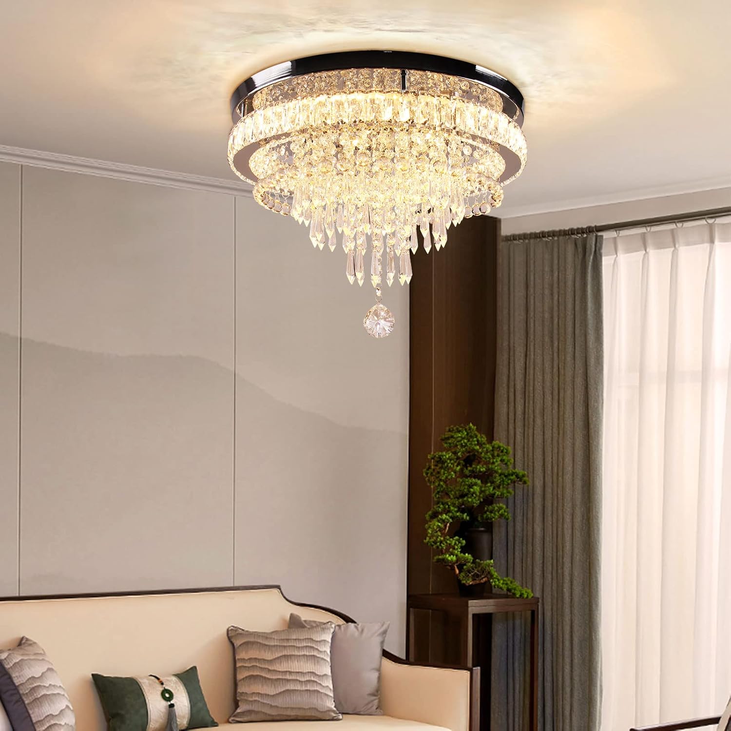 Luxury Modern Flush Mount Crystal Chandelier – 19.7” Round LED Ceiling Light, 55W with Adjustable Color Temperatures (2700K/4000K/6000K)