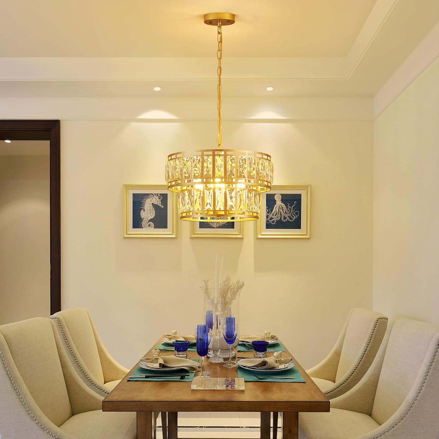 Modern Gold Crystal Chandelier with Adjustable Height, Luxury Double-Layer Drum Pendant Light with Water Ripple Glass, 4-Light E12 Fixture