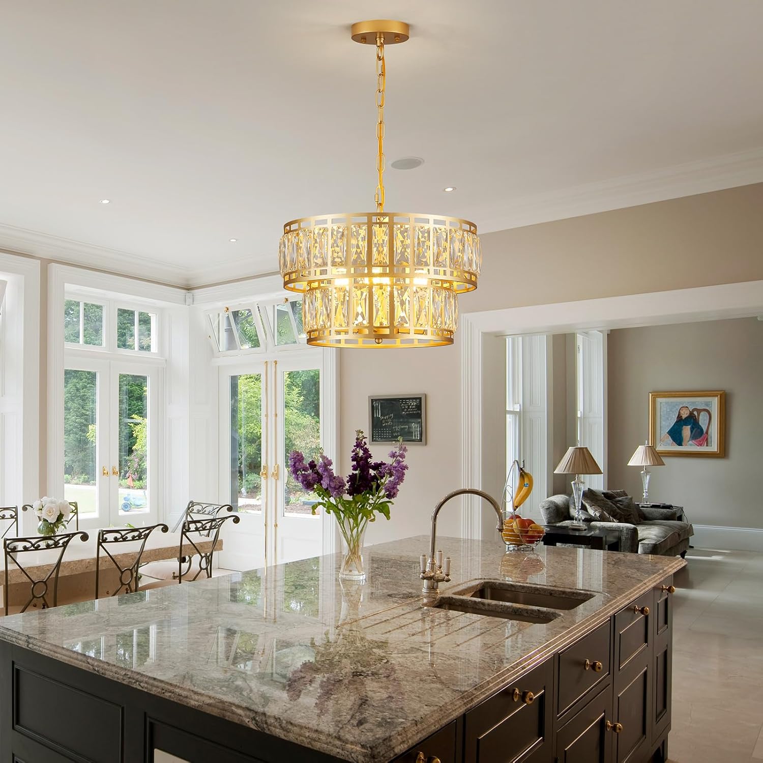 Modern Gold Crystal Chandelier with Adjustable Height, Luxury Double-Layer Drum Pendant Light with Water Ripple Glass, 4-Light E12 Fixture