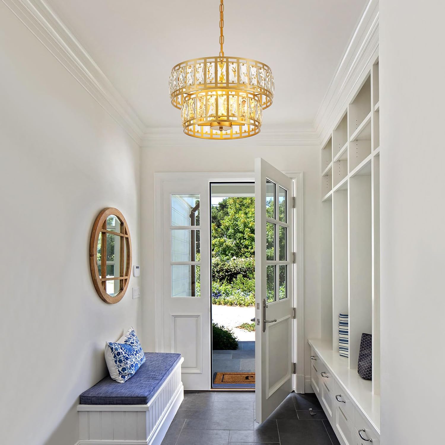 Modern Gold Crystal Chandelier with Adjustable Height, Luxury Double-Layer Drum Pendant Light with Water Ripple Glass, 4-Light E12 Fixture