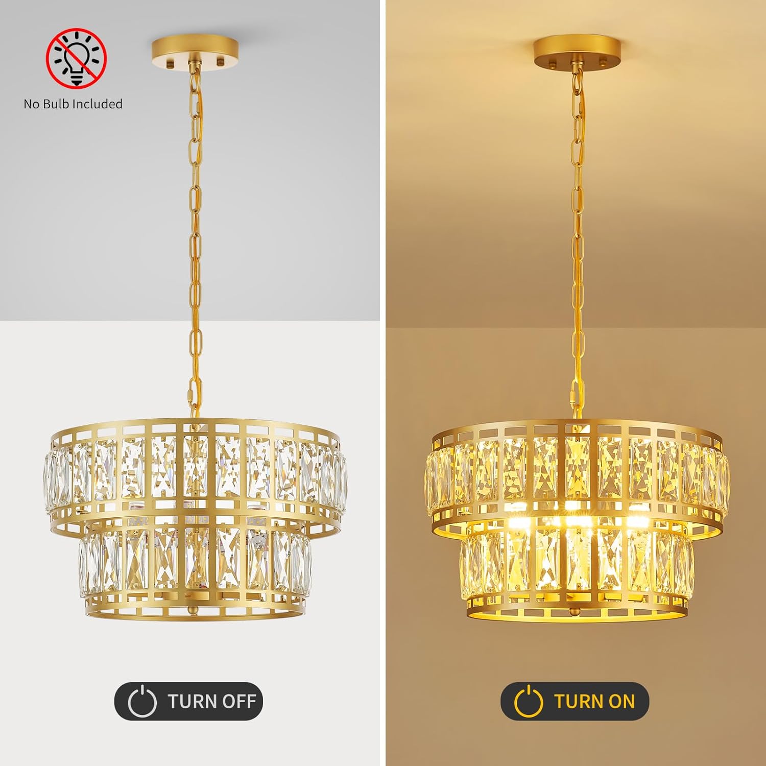 Modern Gold Crystal Chandelier with Adjustable Height, Luxury Double-Layer Drum Pendant Light with Water Ripple Glass, 4-Light E12 Fixture