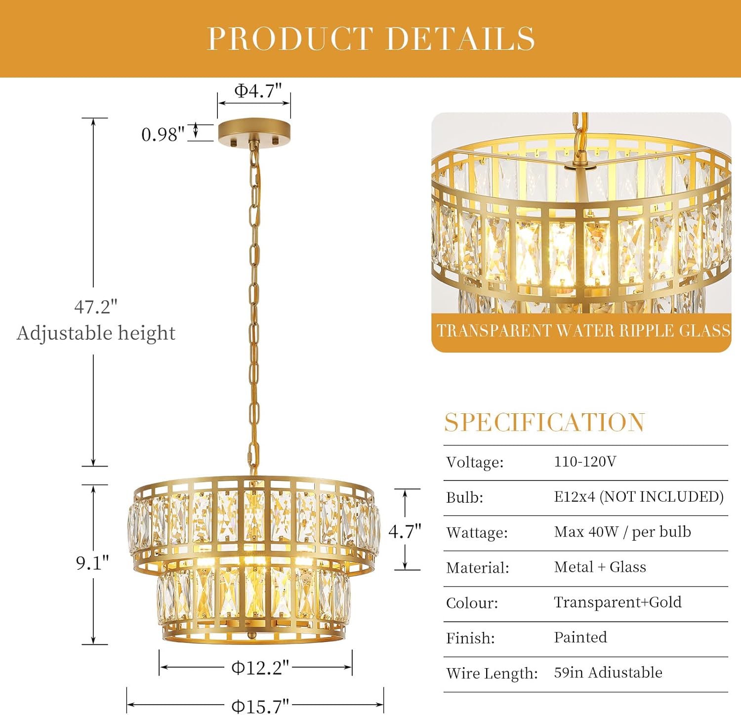 Modern Gold Crystal Chandelier with Adjustable Height, Luxury Double-Layer Drum Pendant Light with Water Ripple Glass, 4-Light E12 Fixture