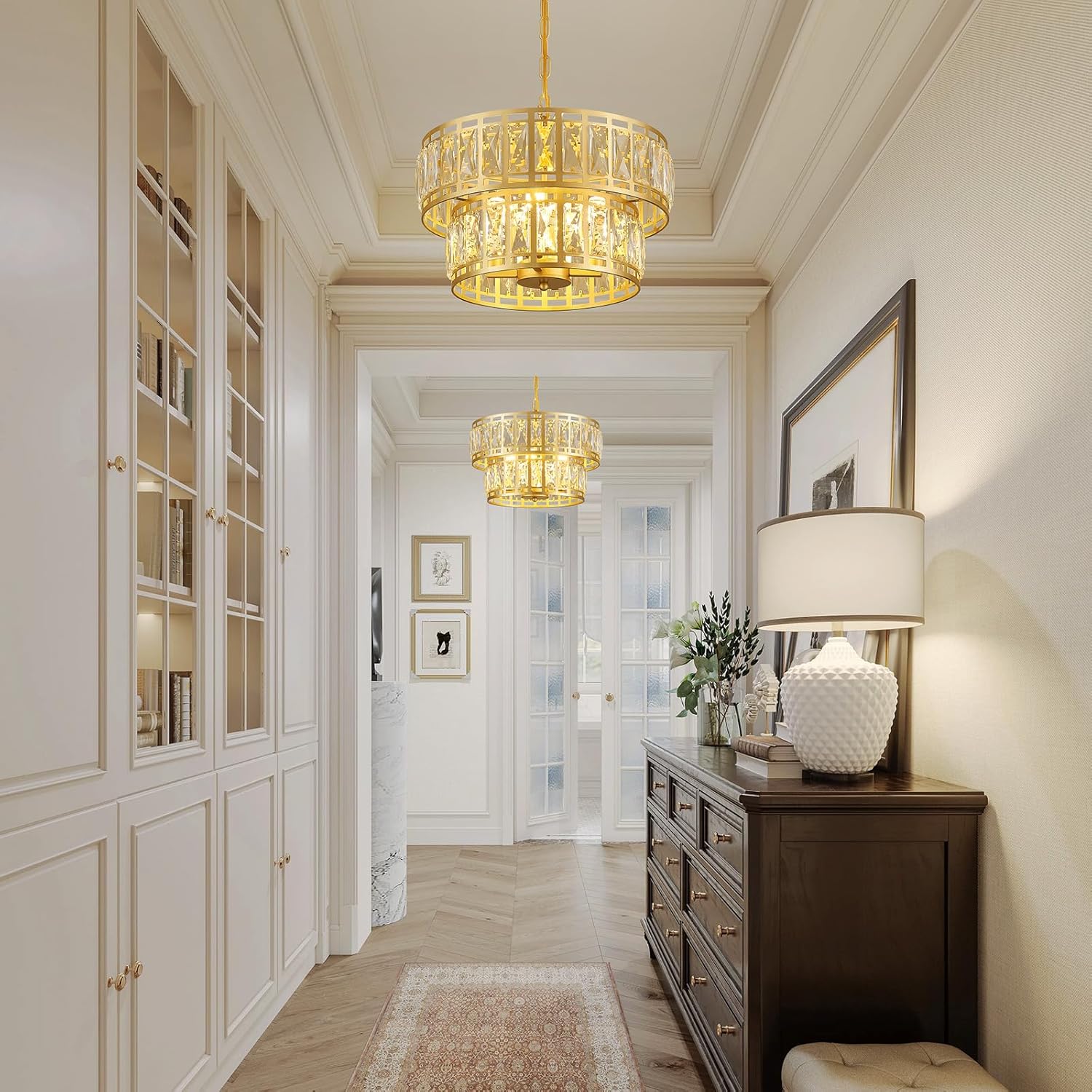 Modern Gold Crystal Chandelier with Adjustable Height, Luxury Double-Layer Drum Pendant Light with Water Ripple Glass, 4-Light E12 Fixture