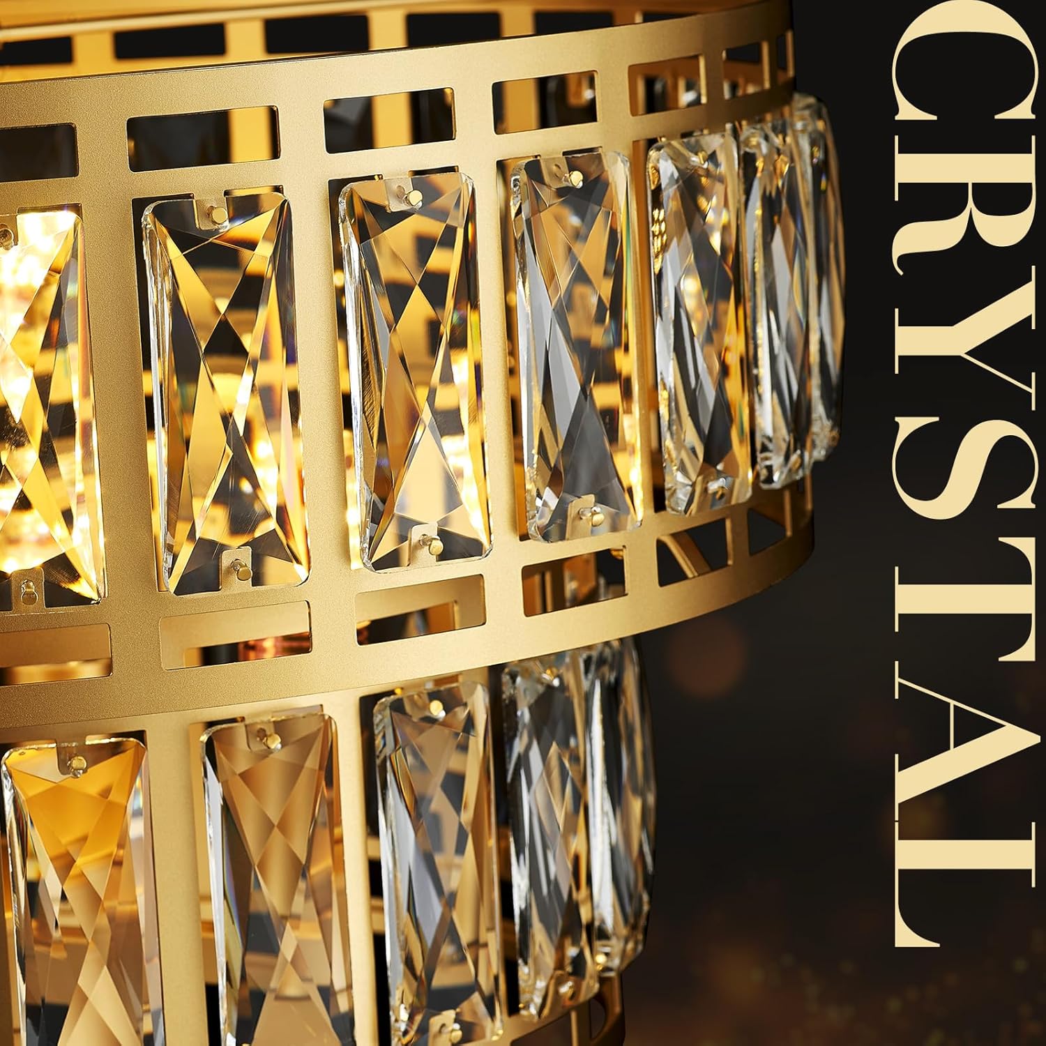 Modern Gold Crystal Chandelier with Adjustable Height, Luxury Double-Layer Drum Pendant Light with Water Ripple Glass, 4-Light E12 Fixture