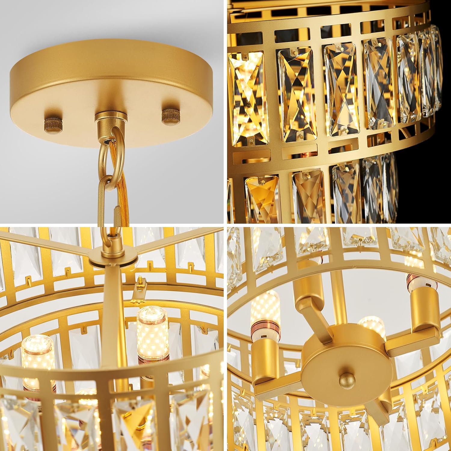 Modern Gold Crystal Chandelier with Adjustable Height, Luxury Double-Layer Drum Pendant Light with Water Ripple Glass, 4-Light E12 Fixture