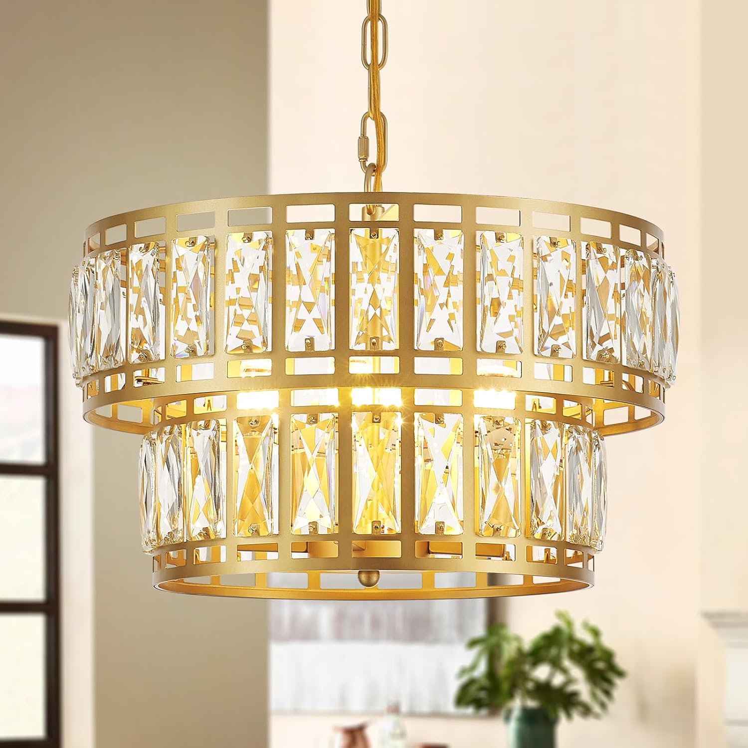 Modern Gold Crystal Chandelier with Adjustable Height, Luxury Double-Layer Drum Pendant Light with Water Ripple Glass, 4-Light E12 Fixture