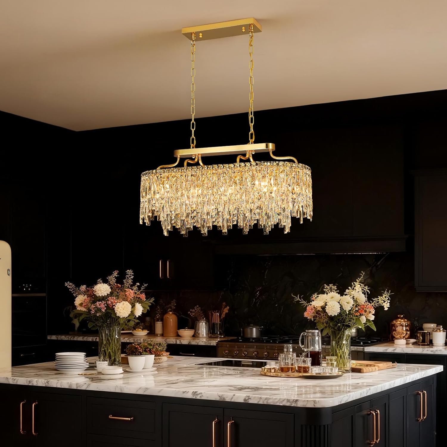Modern Oval Gold Crystal Chandelier – 10-Light Luxury Pendant with K9 Crystals for Dining Room, Kitchen Island, Living Room