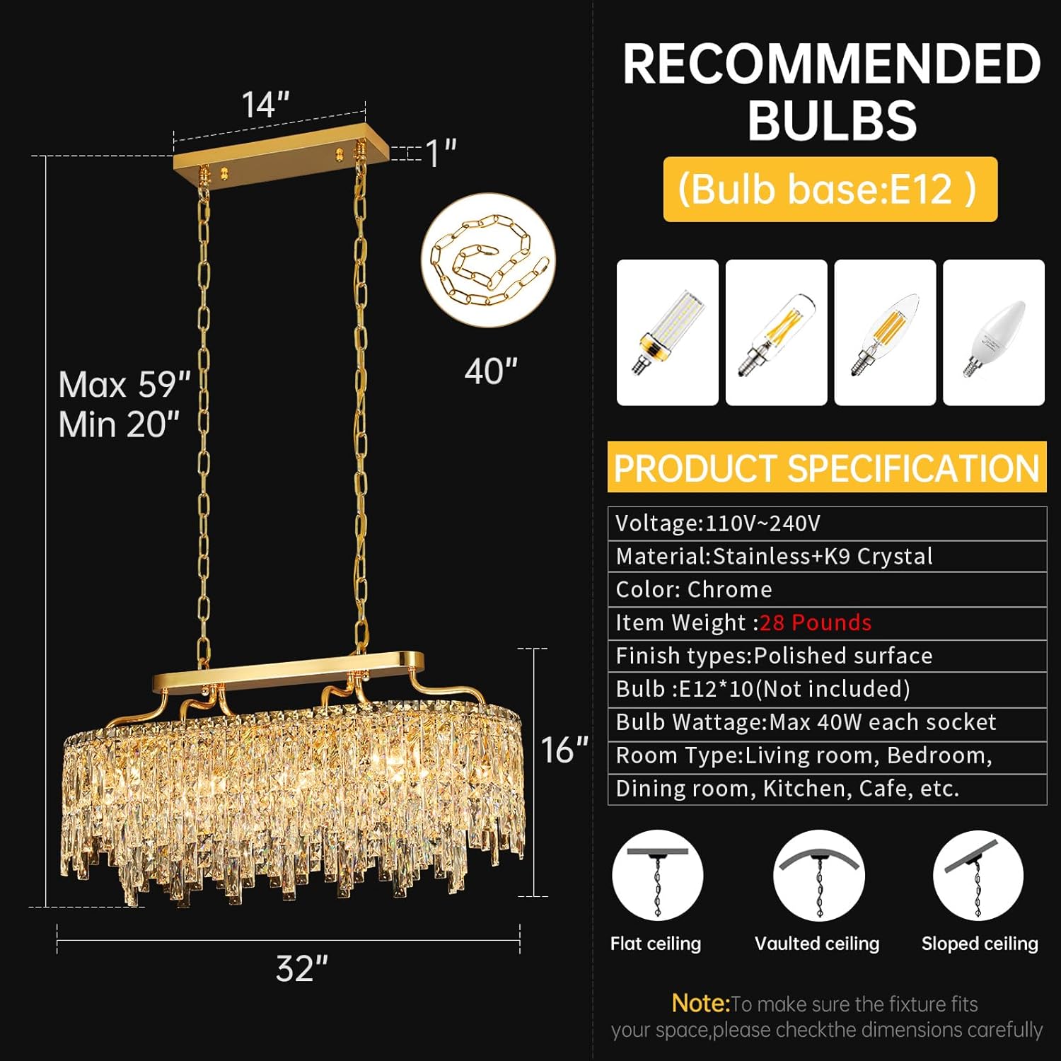 Modern Oval Gold Crystal Chandelier – 10-Light Luxury Pendant with K9 Crystals for Dining Room, Kitchen Island, Living Room