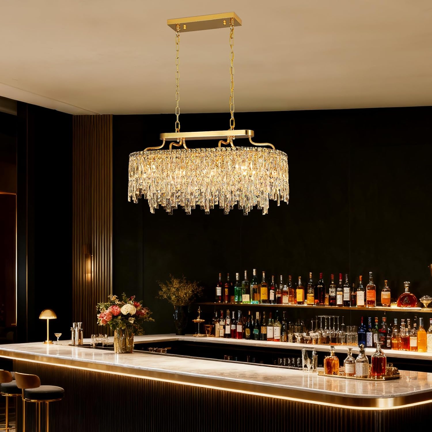 Modern Oval Gold Crystal Chandelier – 10-Light Luxury Pendant with K9 Crystals for Dining Room, Kitchen Island, Living Room