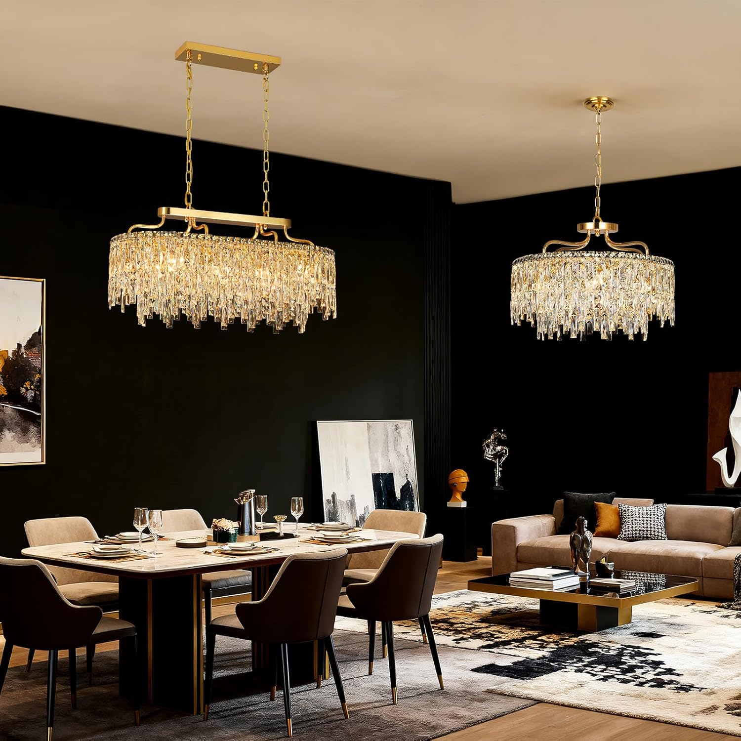 Modern Oval Gold Crystal Chandelier – 10-Light Luxury Pendant with K9 Crystals for Dining Room, Kitchen Island, Living Room
