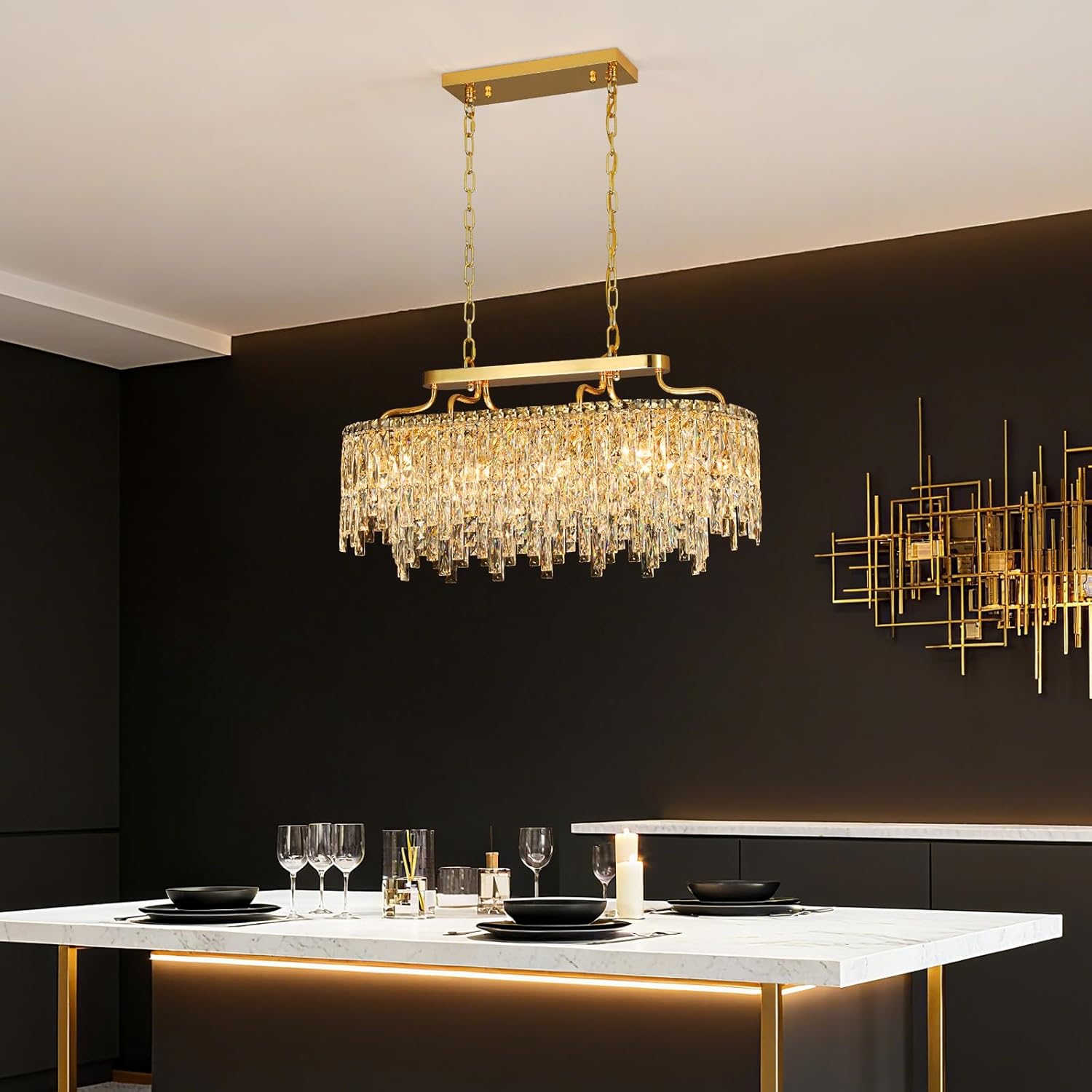 Modern Oval Gold Crystal Chandelier – 10-Light Luxury Pendant with K9 Crystals for Dining Room, Kitchen Island, Living Room