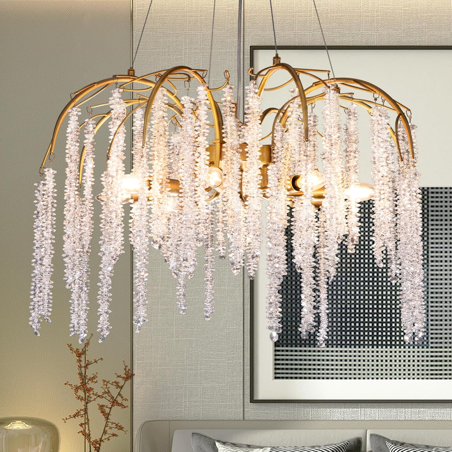 Luxury Cascading Crystal Chandelier – Modern Gold Adjustable Pendant Light with Waterfall Design