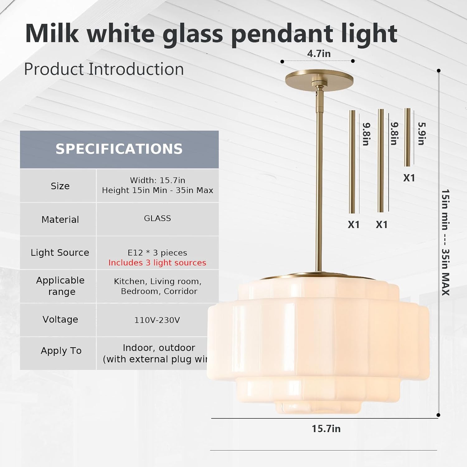 Modern Milk White Glass Pendant Light Gold Adjustable Ceiling Chandelier