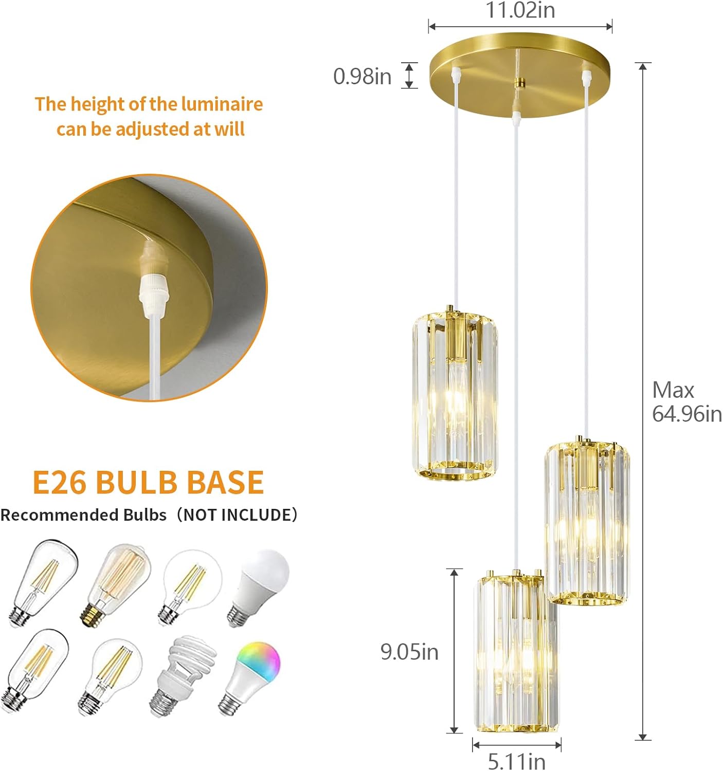 3-Light Gold Crystal Pendant Lighting - Modern Adjustable Hanging Light Fixture with E26 Base