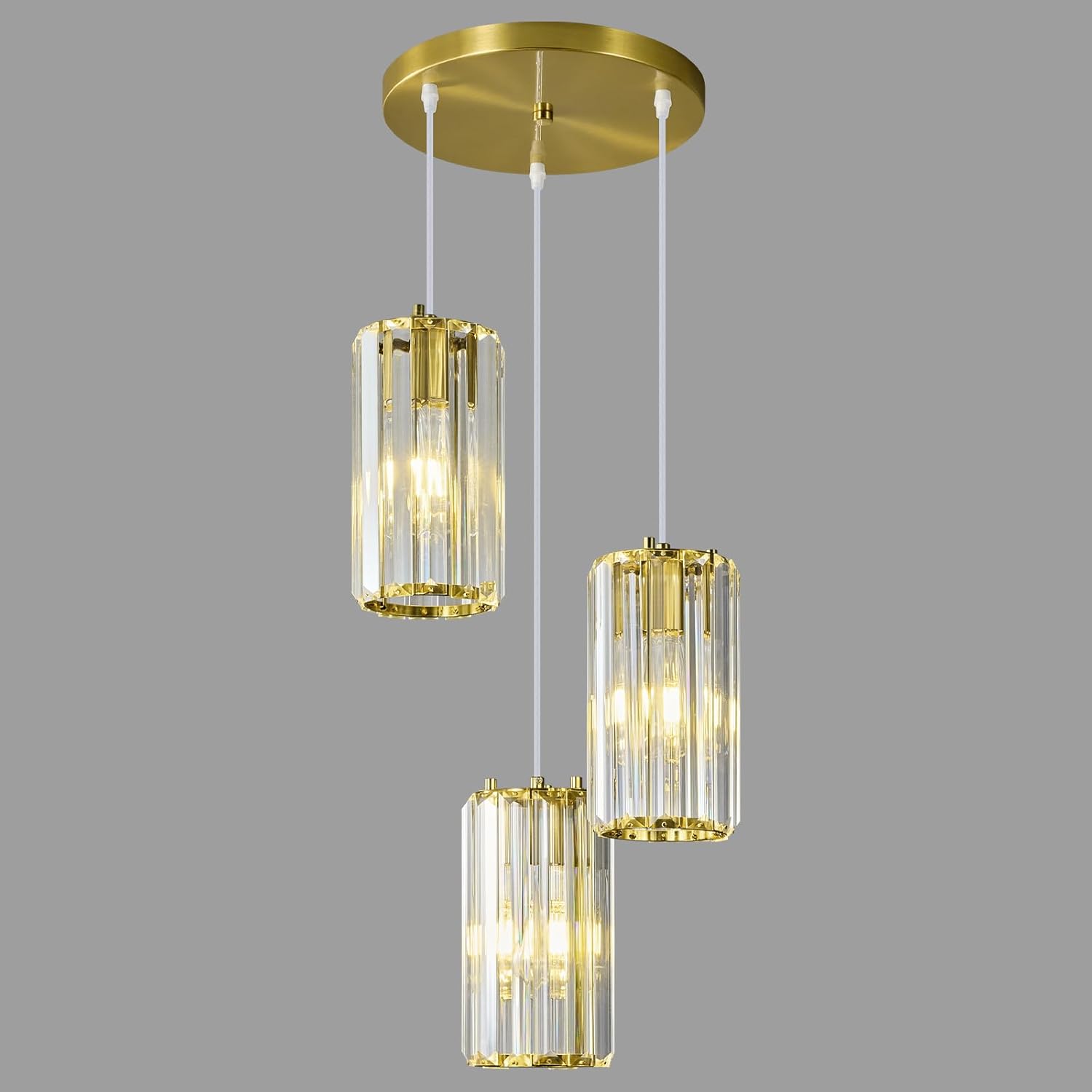 3-Light Gold Crystal Pendant Lighting - Modern Adjustable Hanging Light Fixture with E26 Base