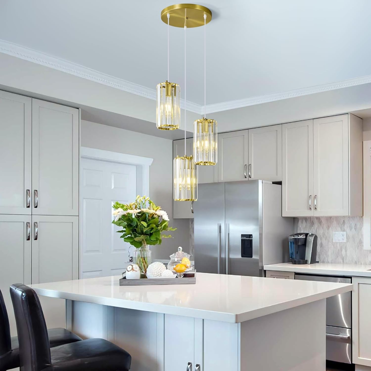 3-Light Gold Crystal Pendant Lighting - Modern Adjustable Hanging Light Fixture with E26 Base