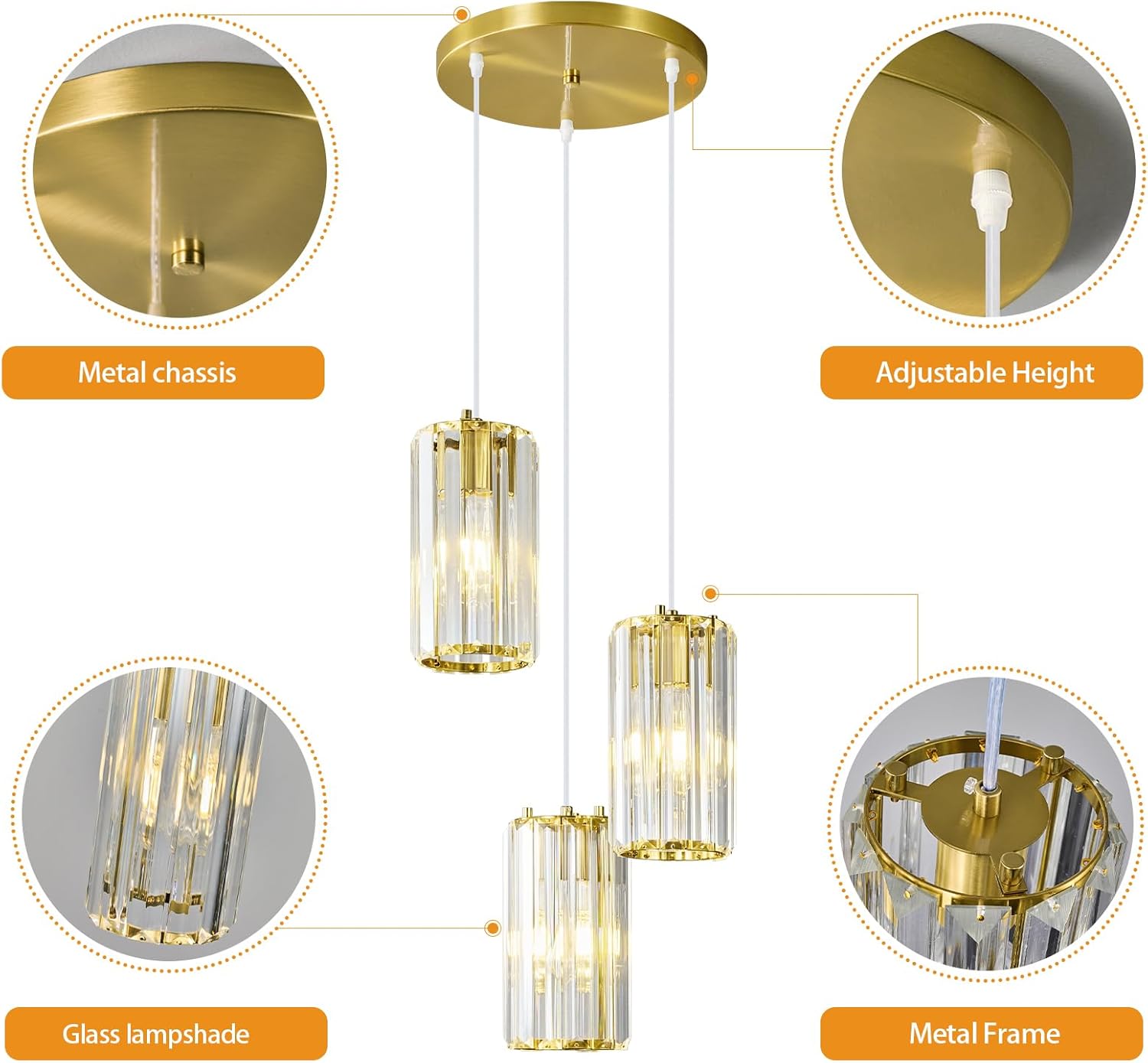 3-Light Gold Crystal Pendant Lighting - Modern Adjustable Hanging Light Fixture with E26 Base