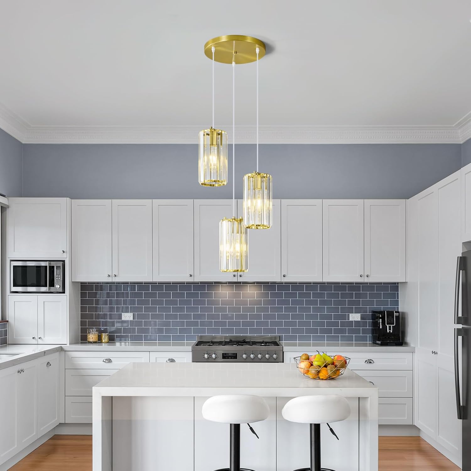 3-Light Gold Crystal Pendant Lighting - Modern Adjustable Hanging Light Fixture with E26 Base