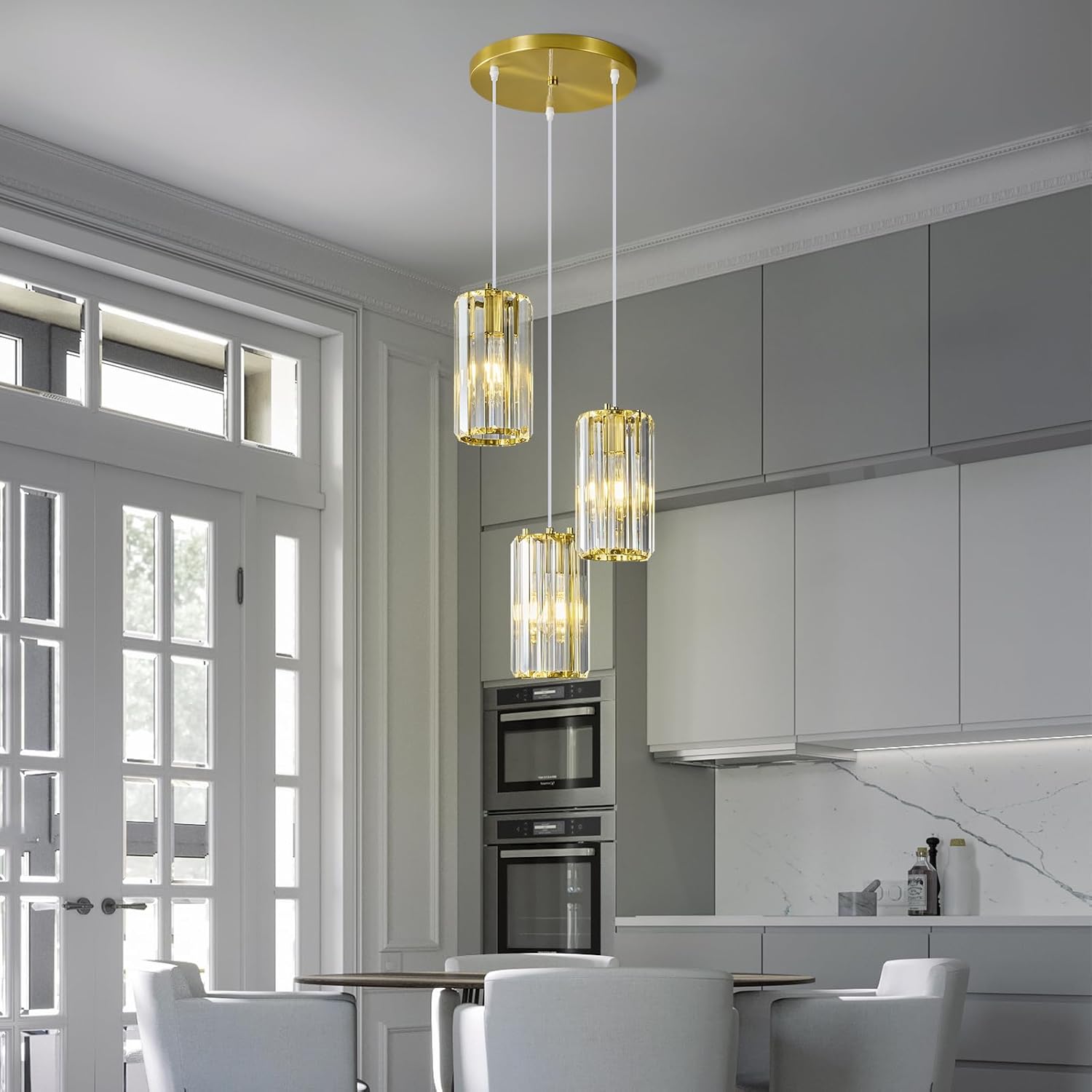 3-Light Gold Crystal Pendant Lighting - Modern Adjustable Hanging Light Fixture with E26 Base