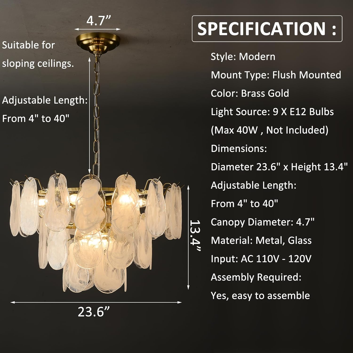 Modern Cloudy Glass Chandelier - 23.6
