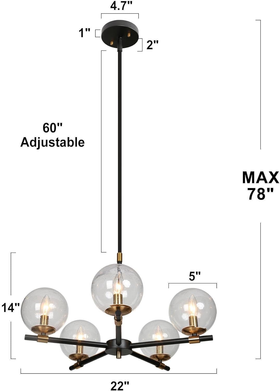 Modern Black and Gold 5-Light Sputnik Chandelier – Adjustable Clear Glass Globe Ceiling Pendant Light
